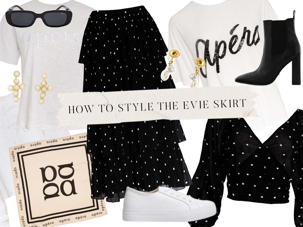 Frill skirt styled with Apero logo tee, hair scarf and more