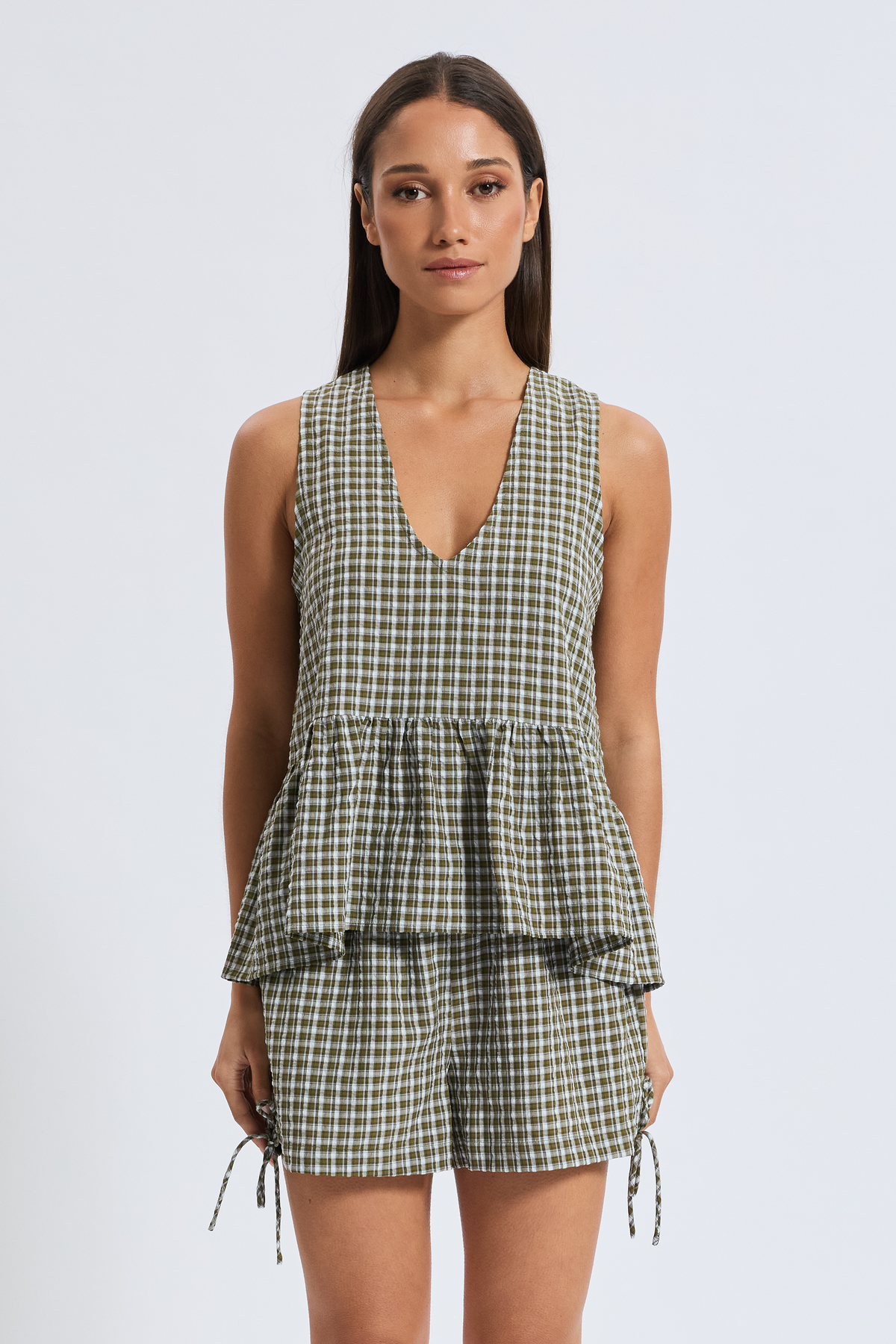 Kinsley Plaid Frill Top - Olive / White / Blue
