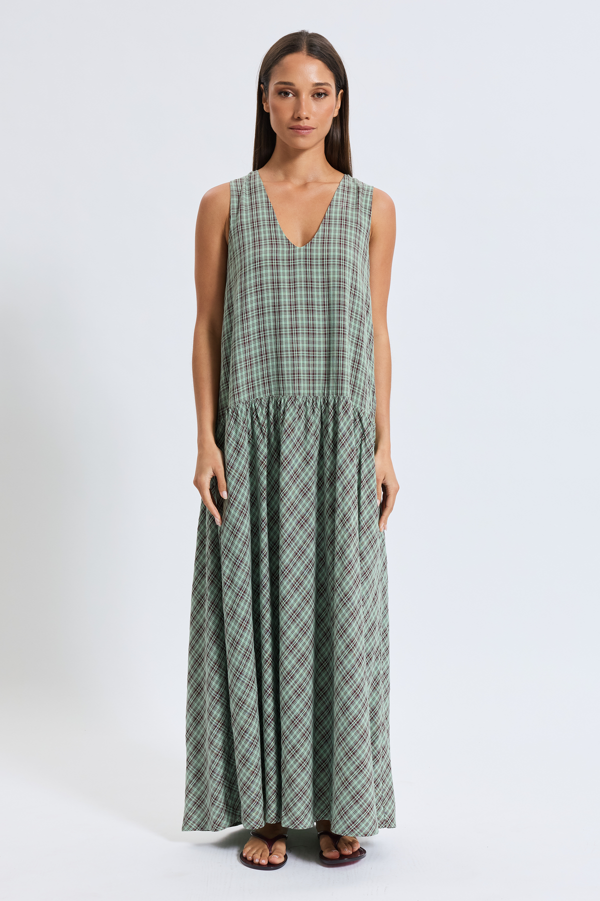Layla Plaid Maxi Dress - Mint / Burgundy