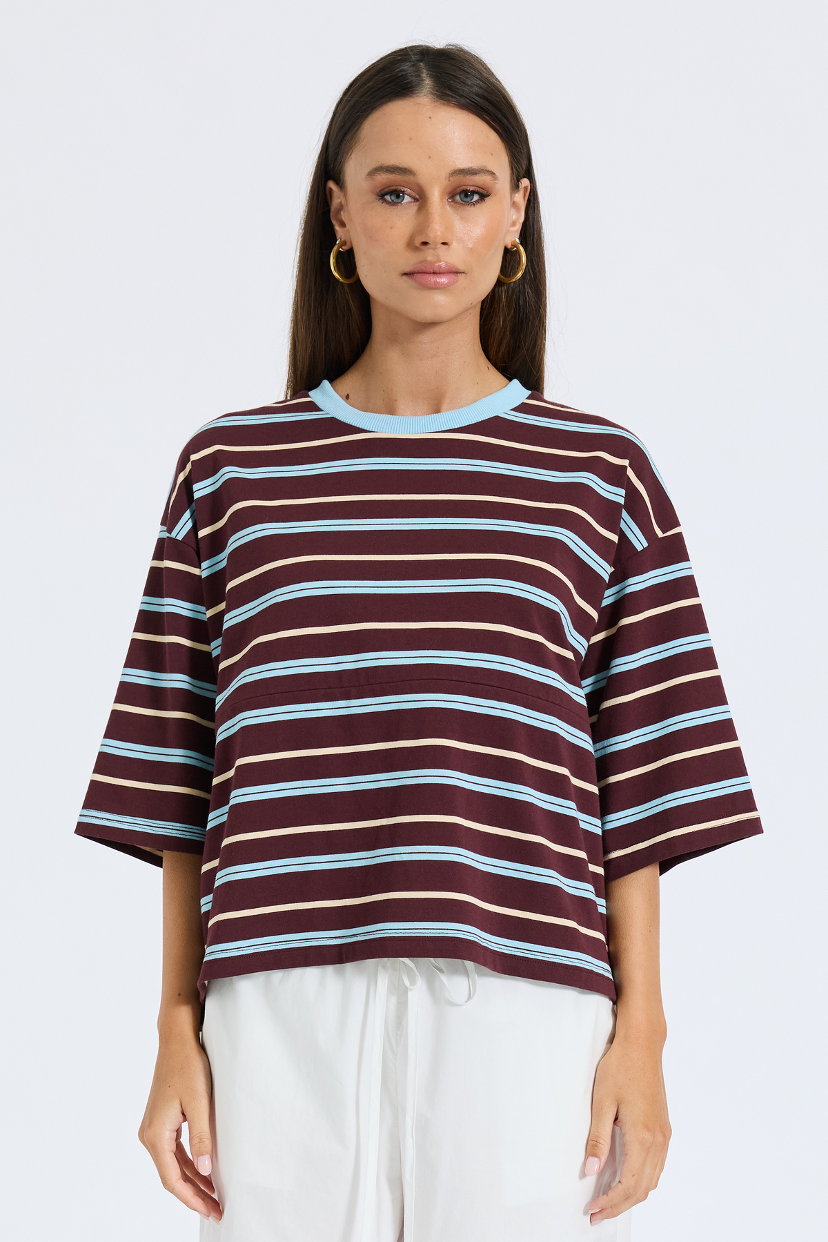 Brooklyn Stripe Slouch Panel Tee - Burgundy / Blue