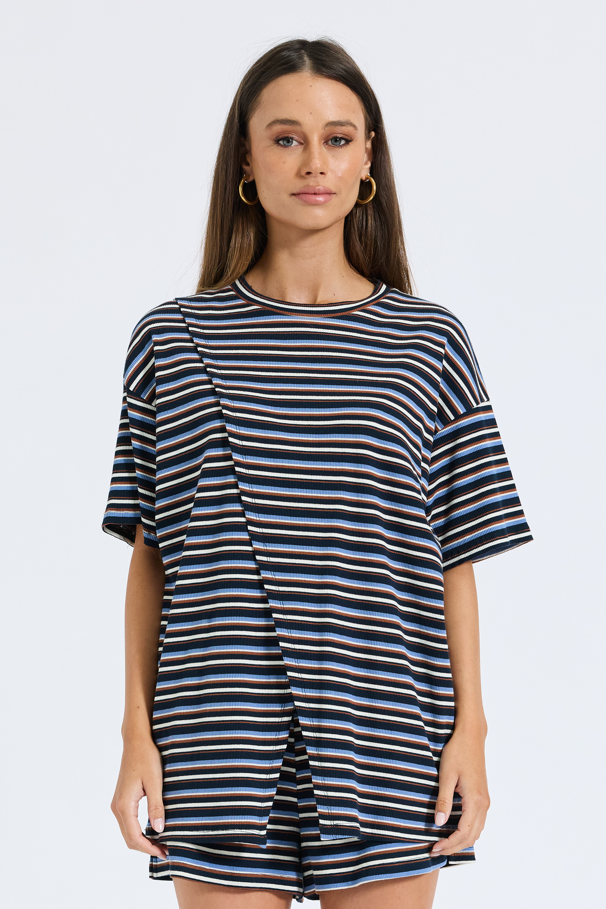 Ivy Stripe Longline Wrap Tee - Navy / Tan / White
