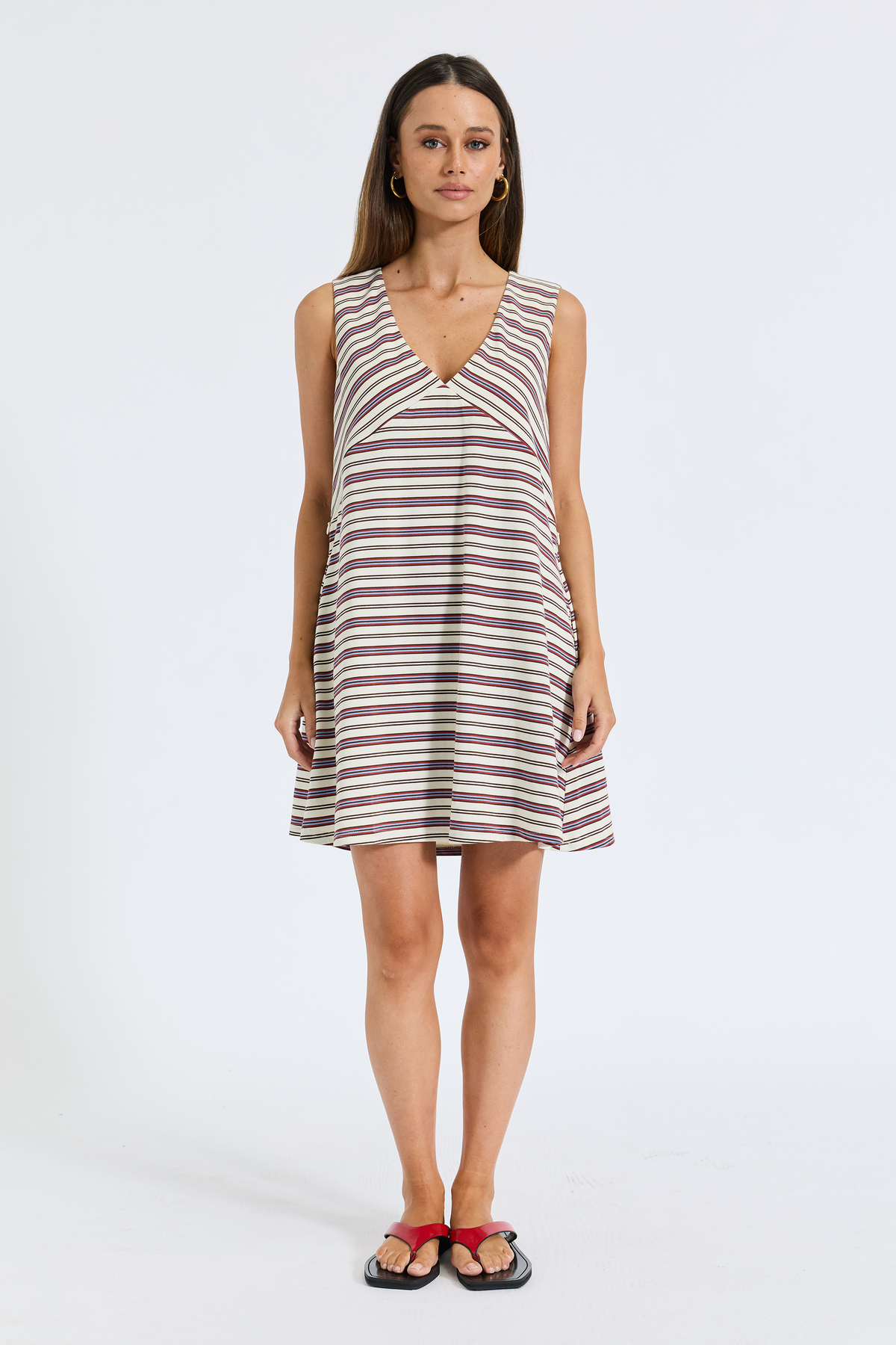 Poppy Stripe Jersey Dress - Cream / Chocolate / Red