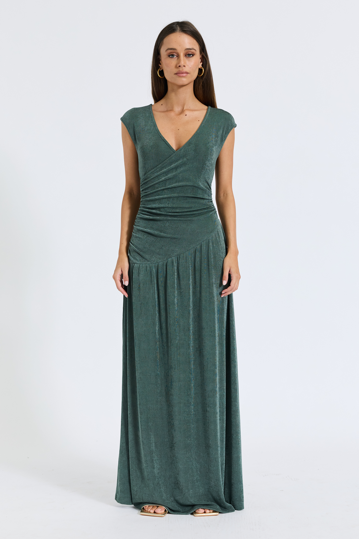 Lainey Crossover Ruched Dress - Moss Green