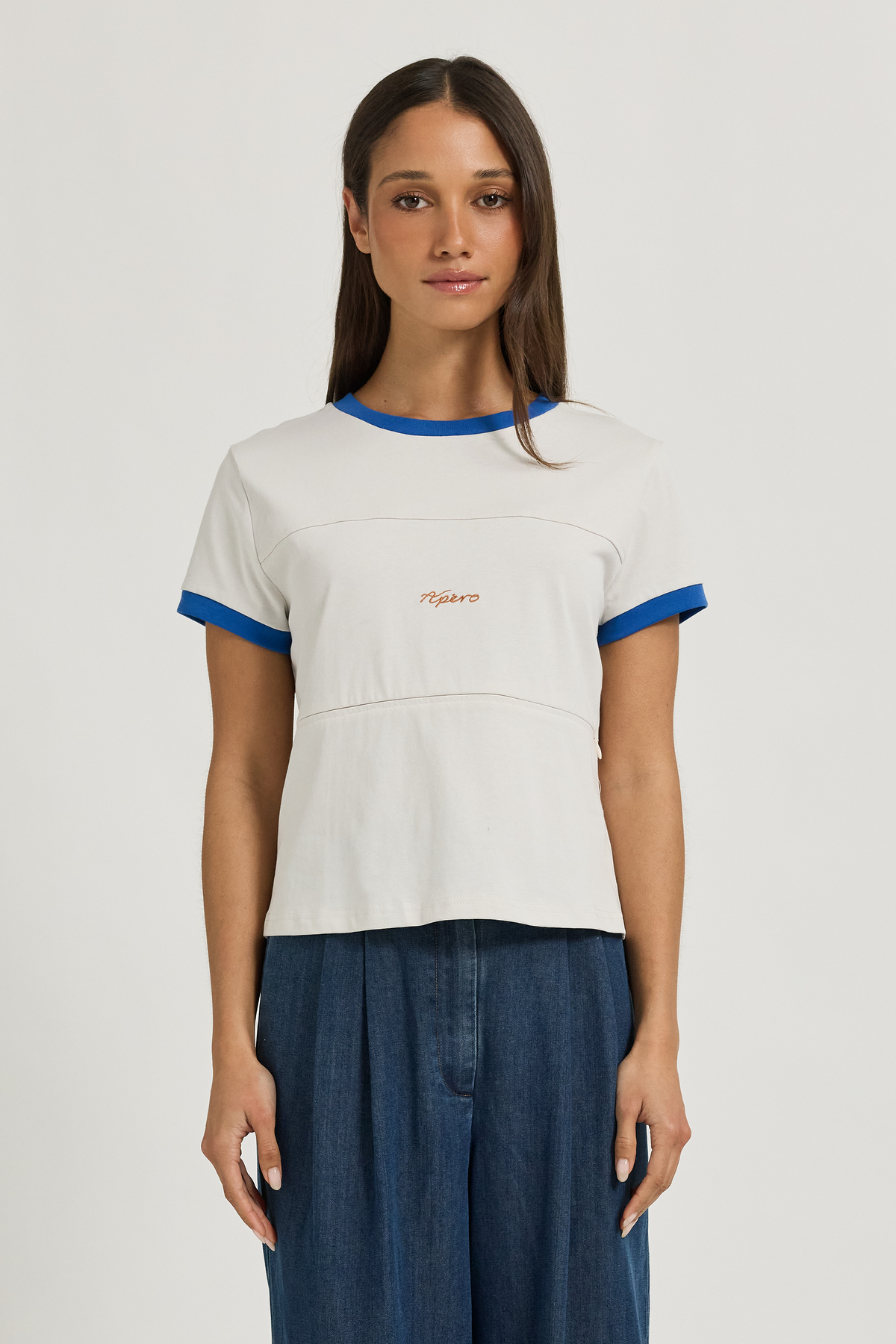 Wren Contrast Baby Tee  - Stone / Cobalt
