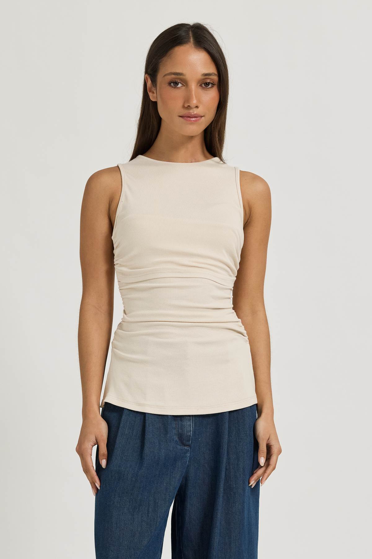 Ari Ribbed Ruched Tank - Oatmeal