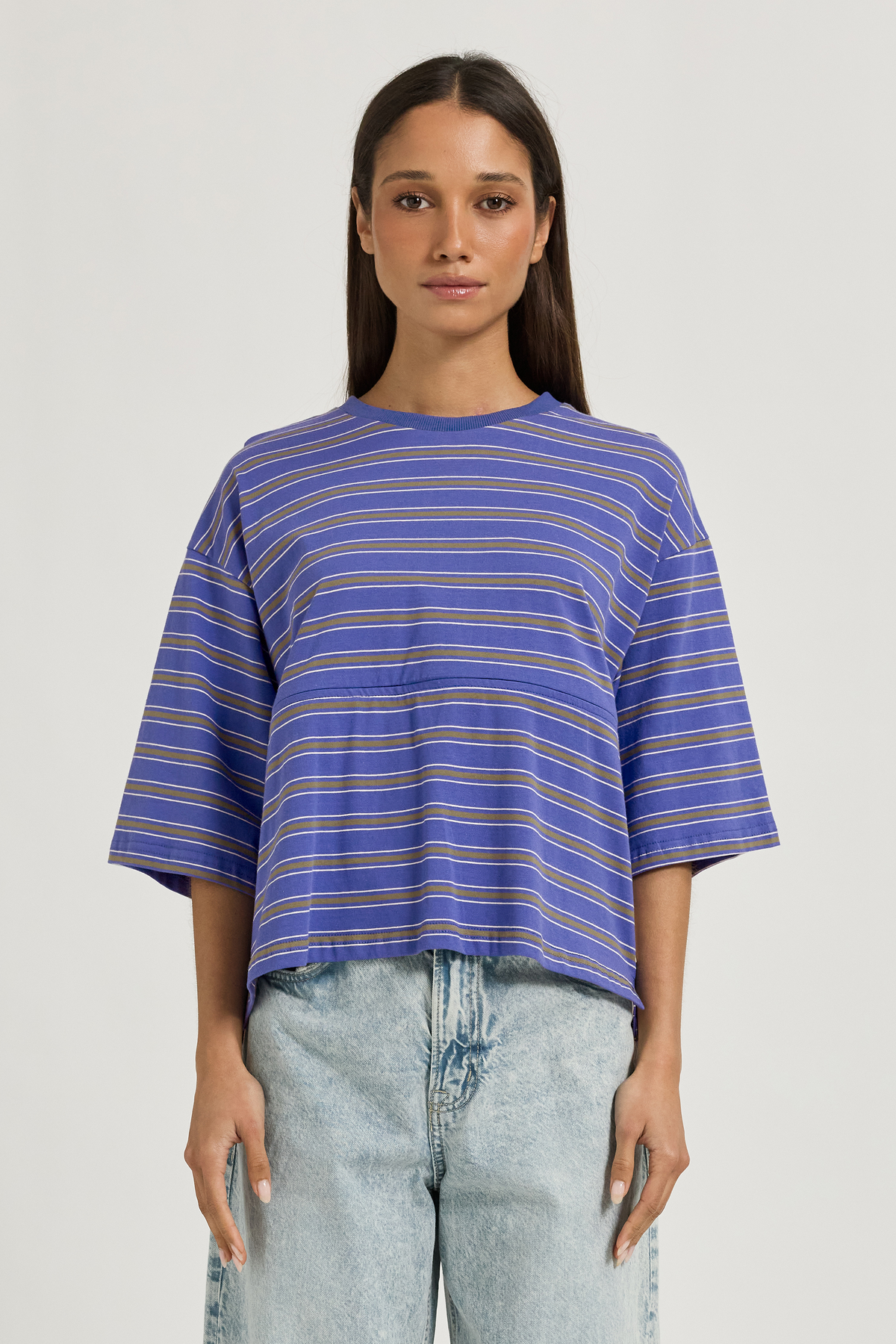 Brooklyn Stripe Slouch Panel Tee - Cobalt / Olive / White