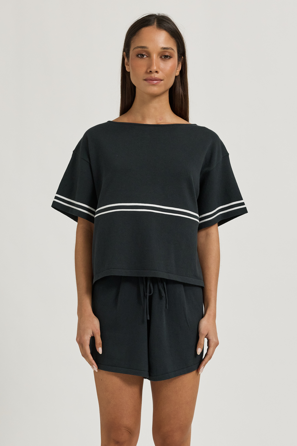 Axel Cotton Knit Boat Neck Tee - Forest Green / White