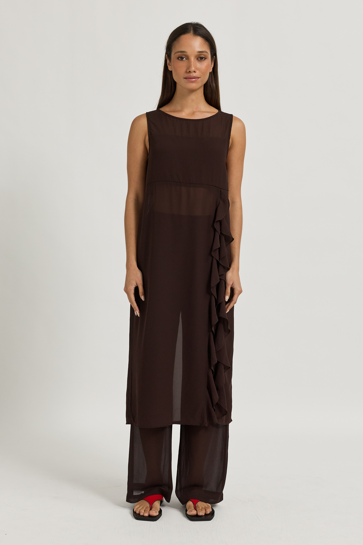 Zoi Sheer Longline Panel Top - Chocolate