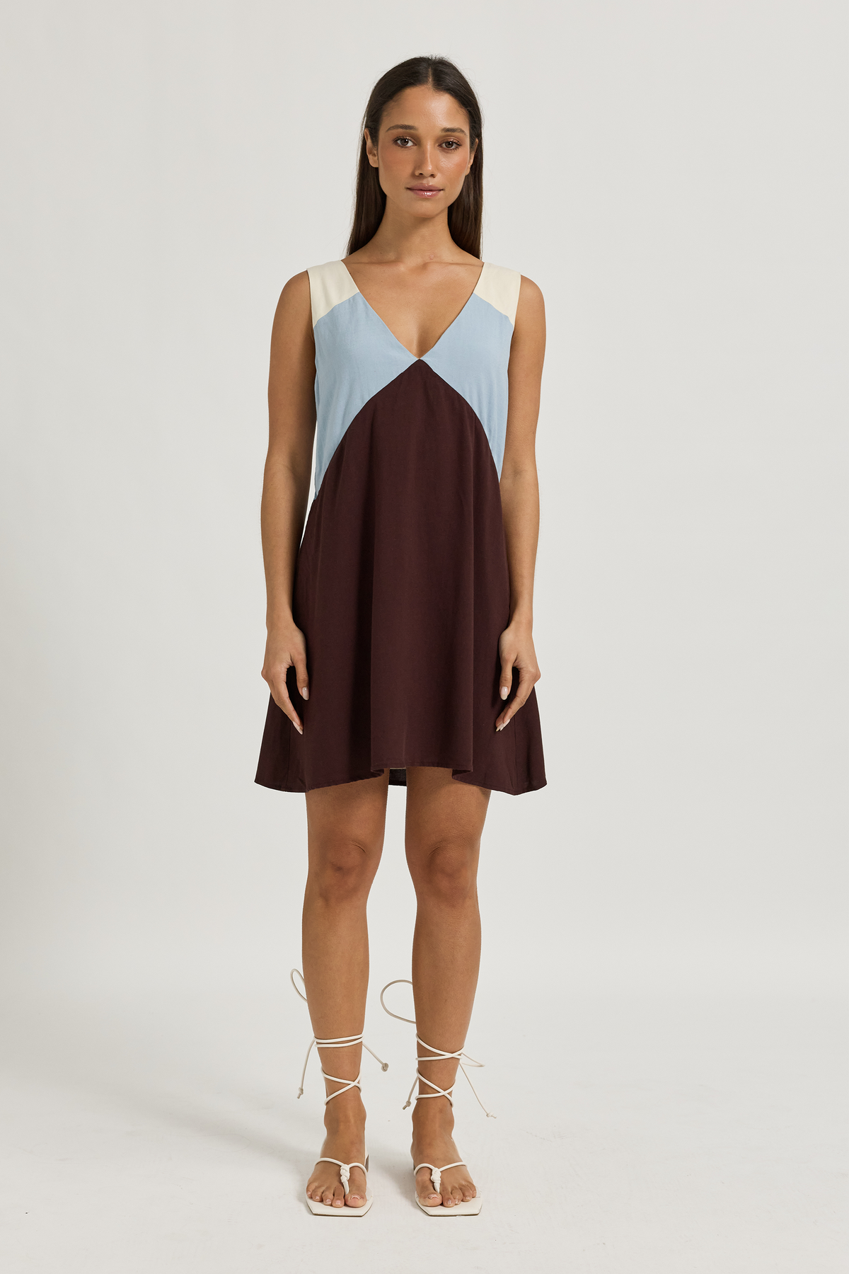 Yumi Panelled Mini Dress - Chocolate / Blue / Cream