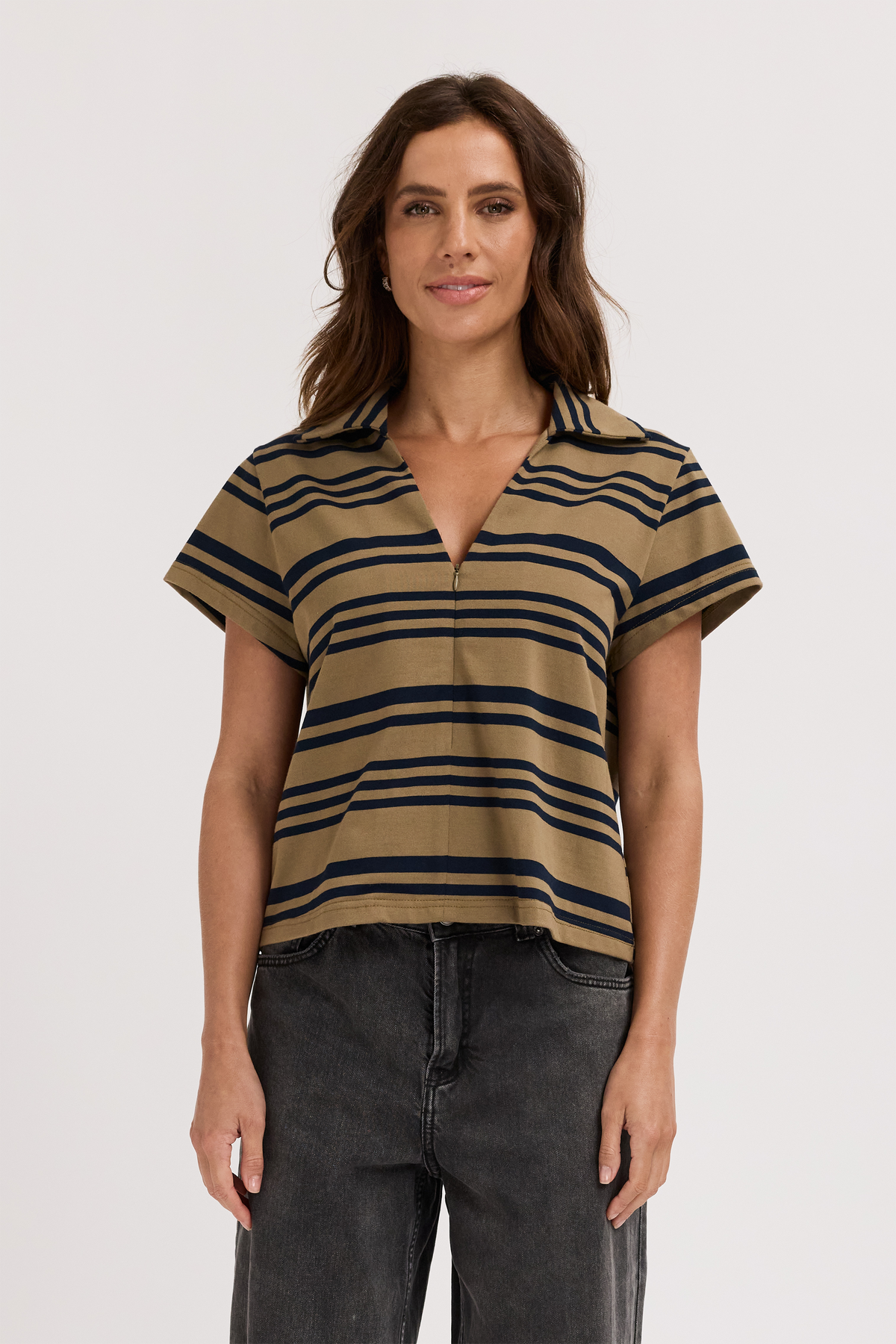 Alba Stripe Zip Front Tee - Khaki / Navy