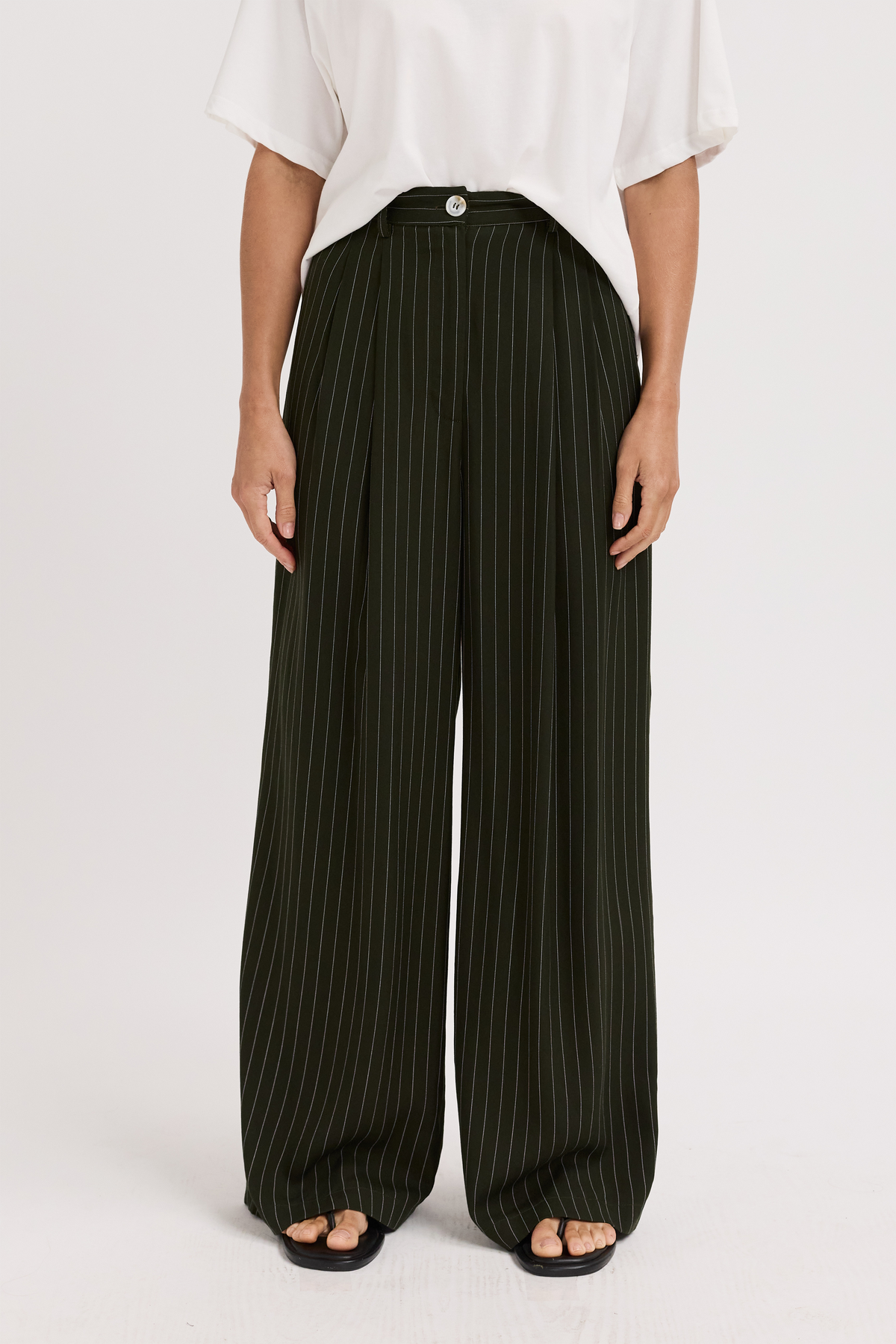 Bambi Pinstripe Adjustable Wide Leg Trouser - Pine Green