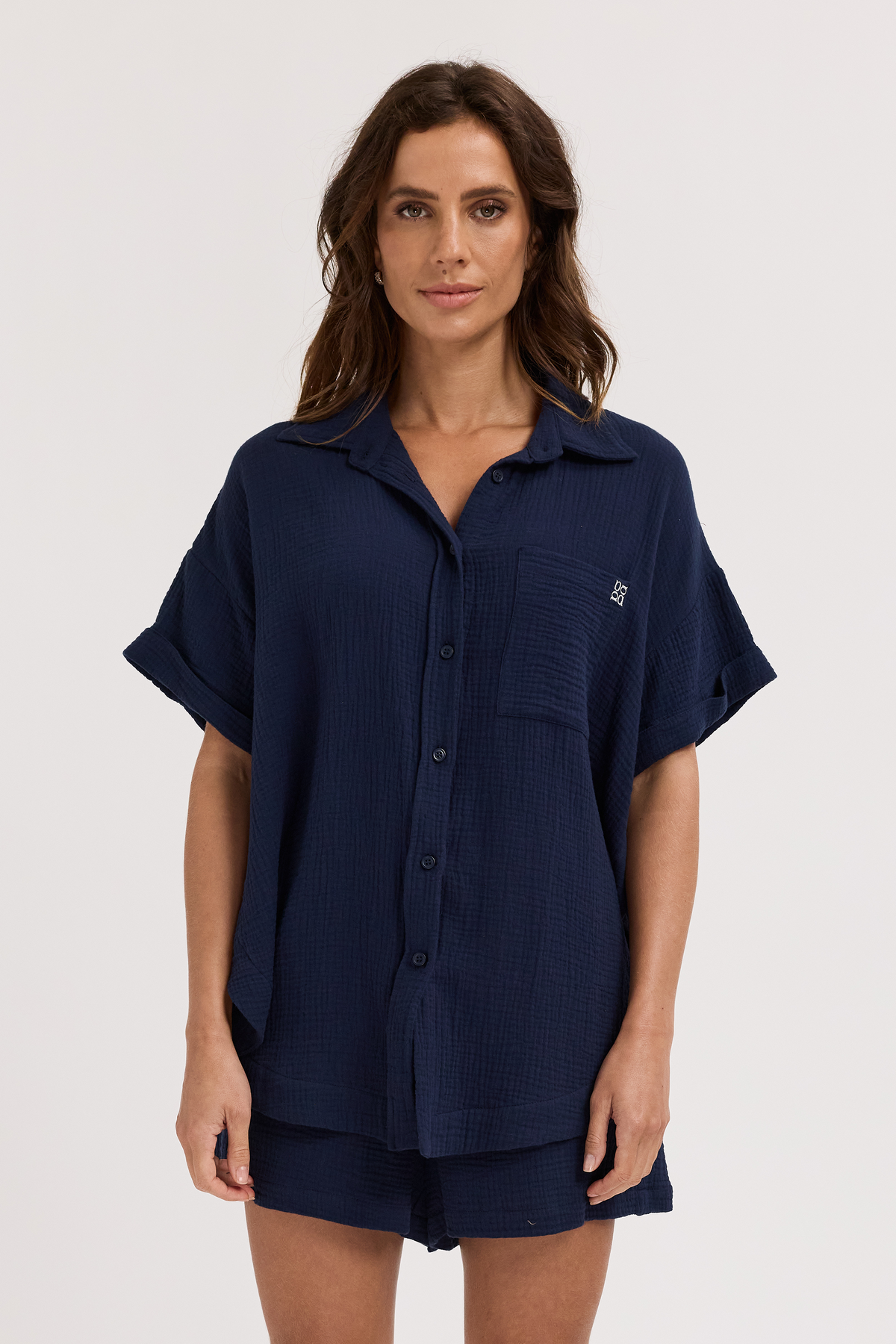 Reese Rolled Sleeve Button-Down Shirt - Navy