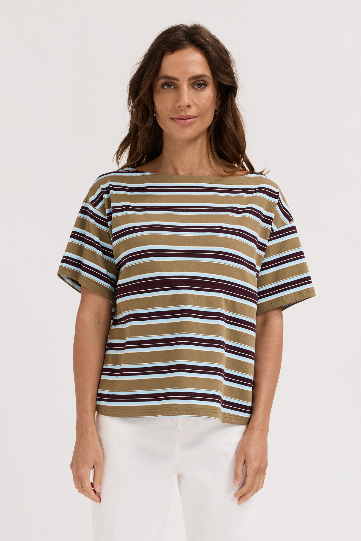 Aria Stripe Boatneck Panel Tee - Olive Multi