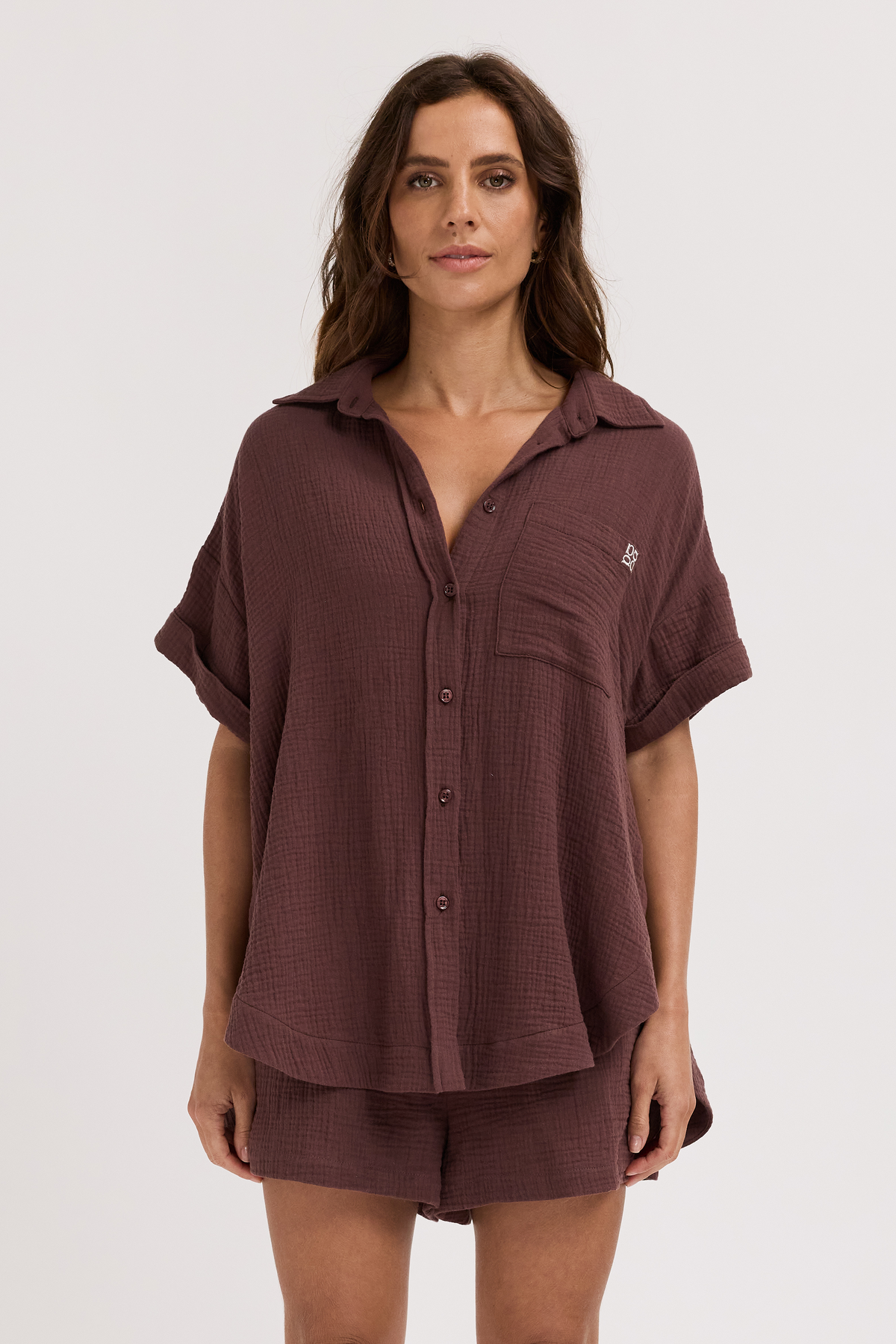 Reese Rolled Sleeve Button-Down Shirt - Chocolate