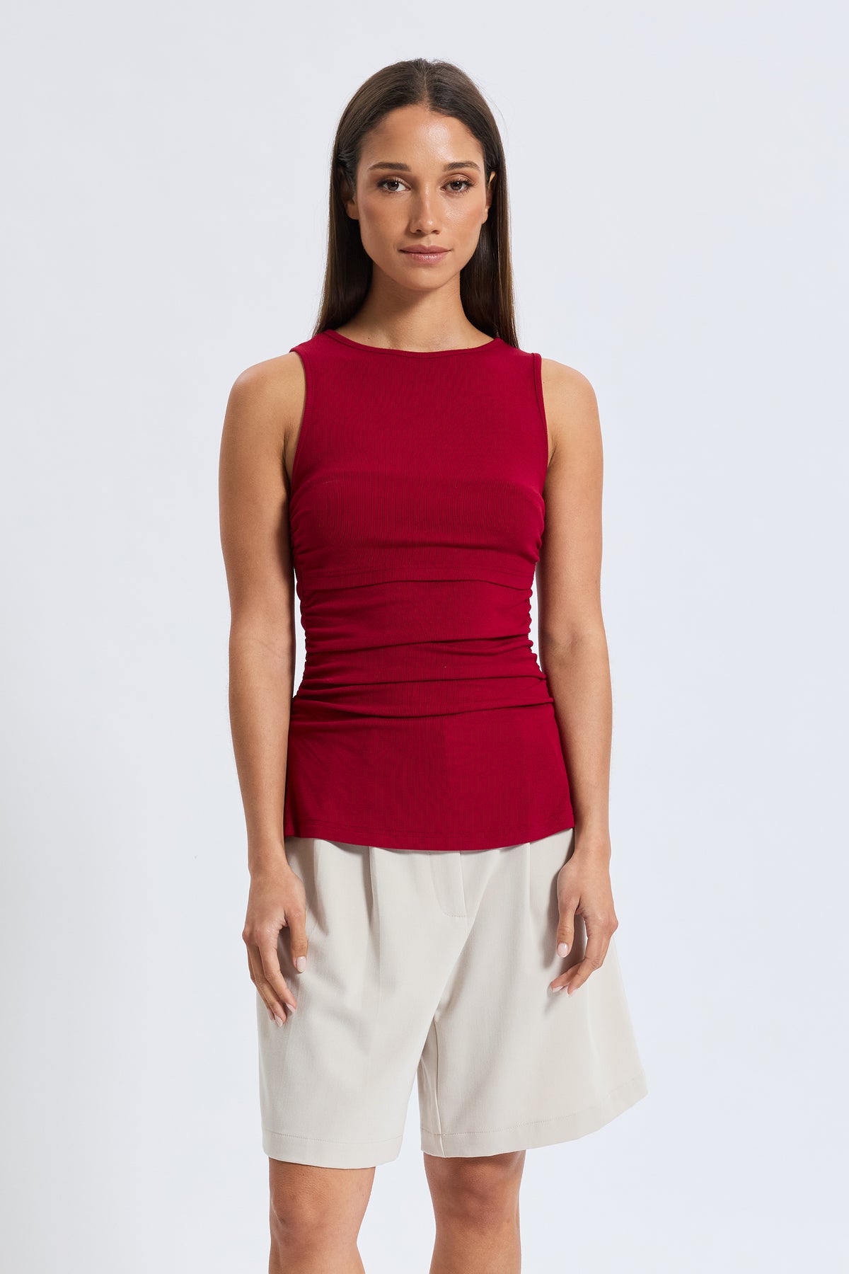 Ari Ribbed Ruched Tank - Red