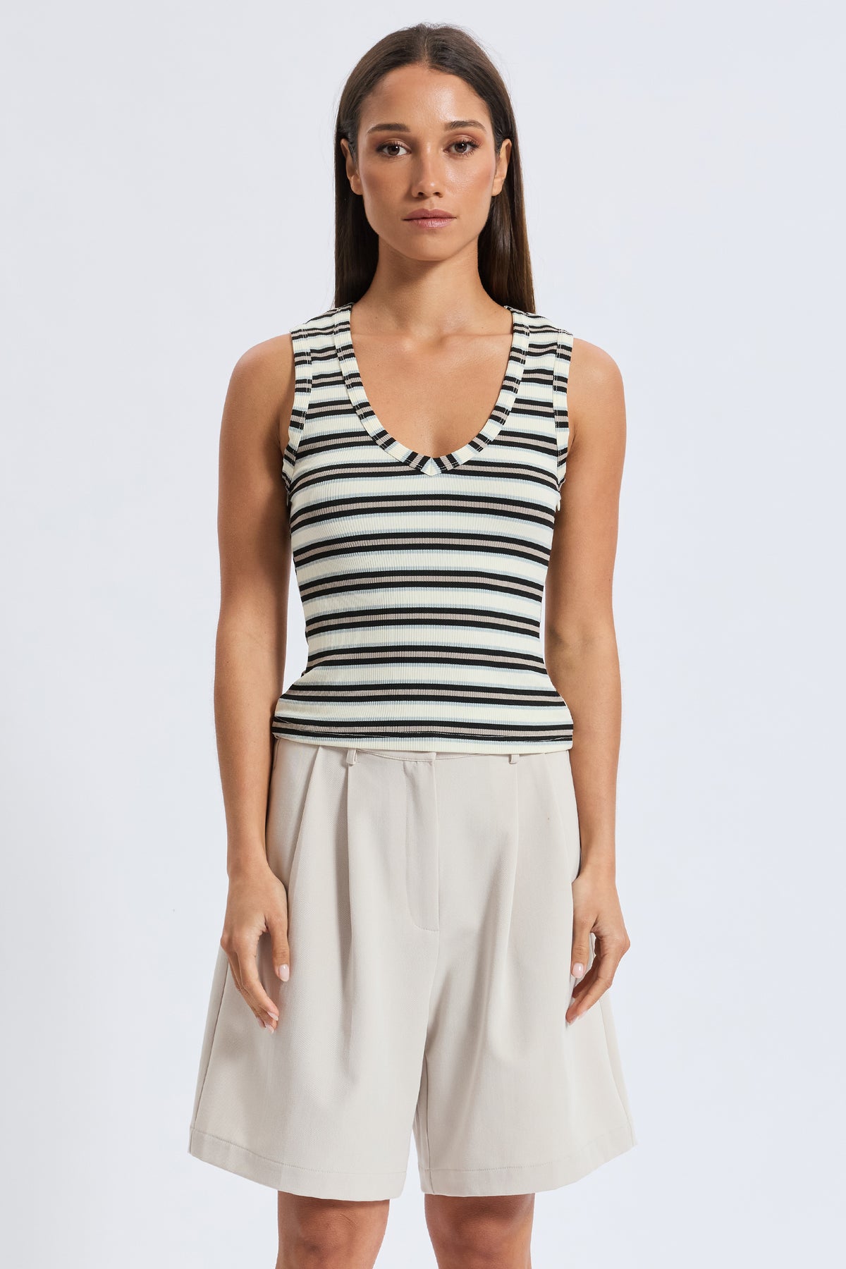 Ariana V-Neck Stripe Tank - Cream / Black / Beige