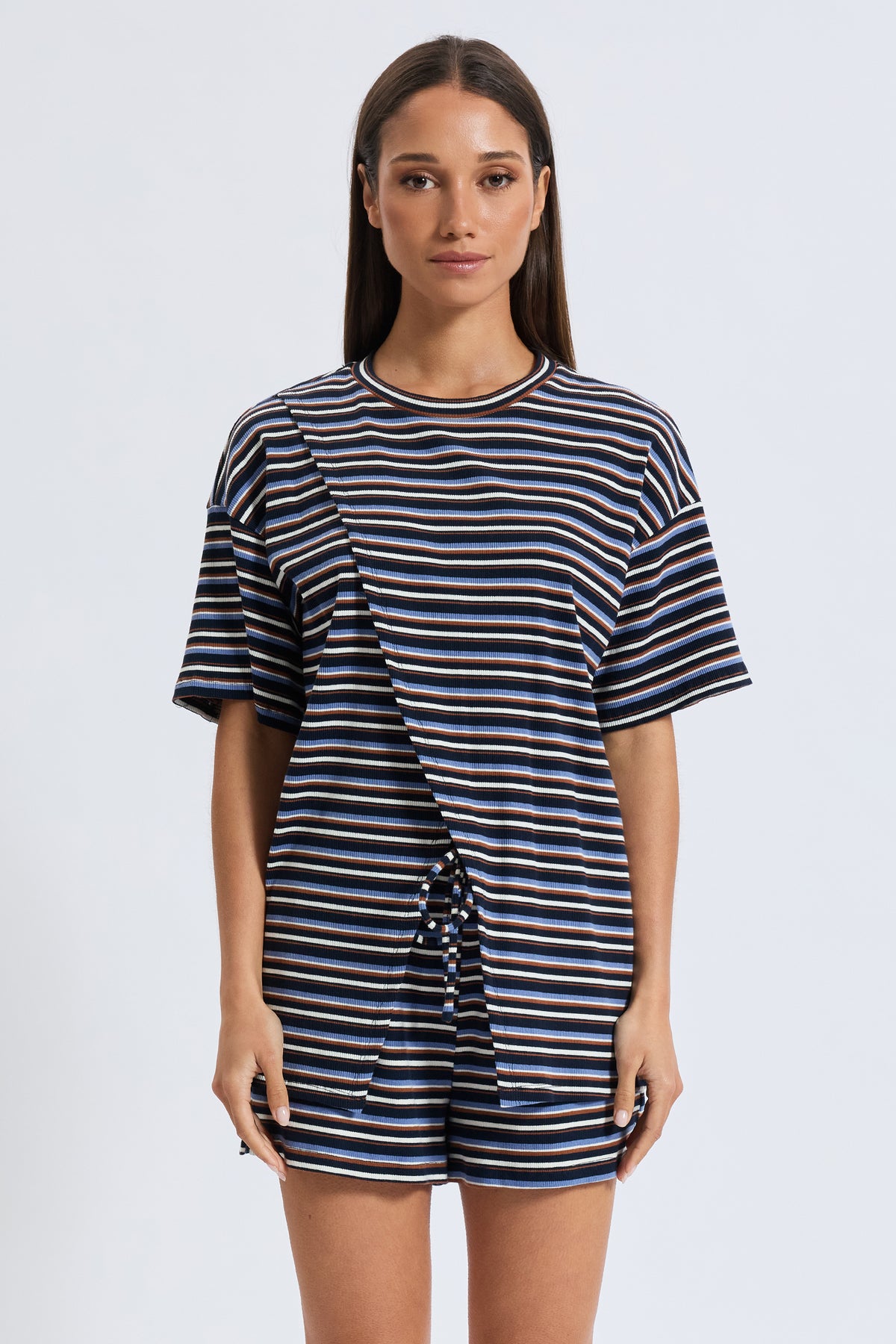 Ivy Stripe Longline Wrap Tee - Navy / Tan / White