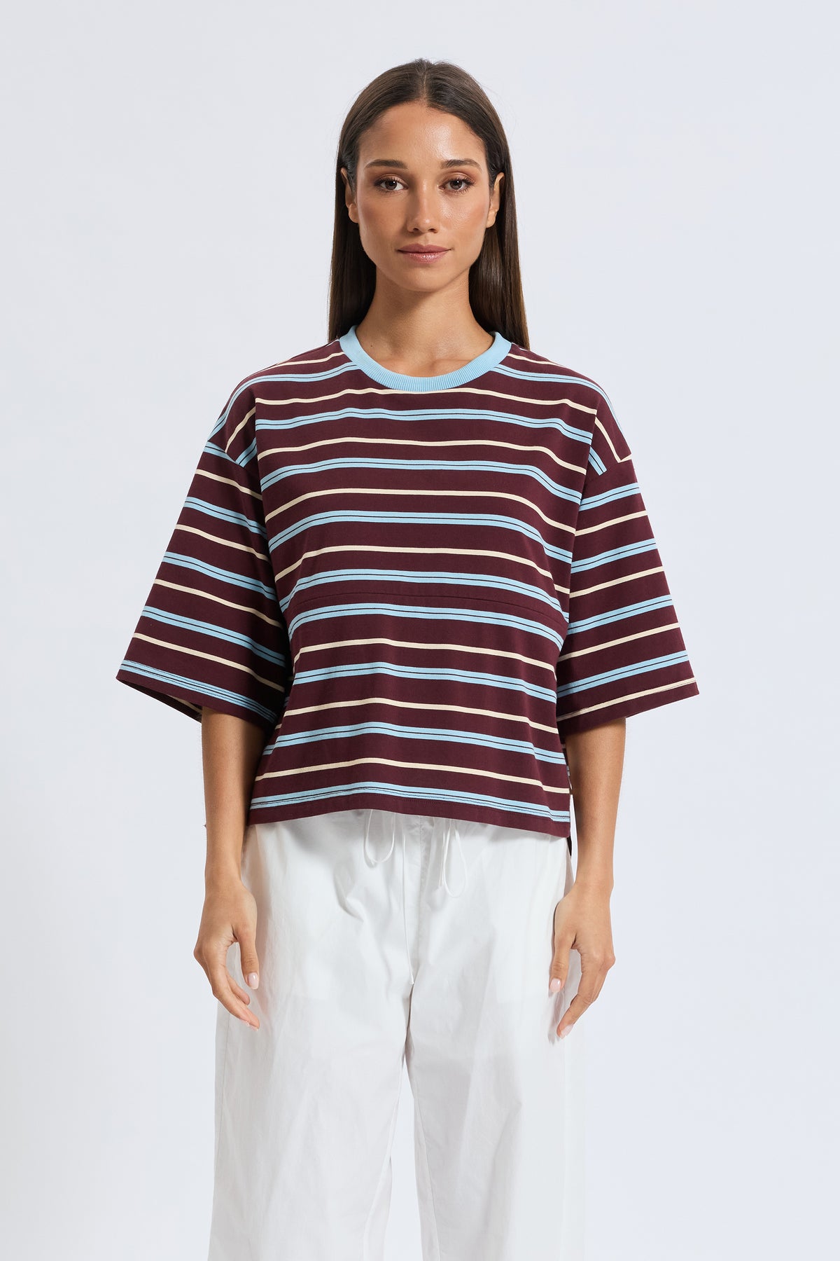 Brooklyn Stripe Slouch Panel Tee - Burgundy / Blue
