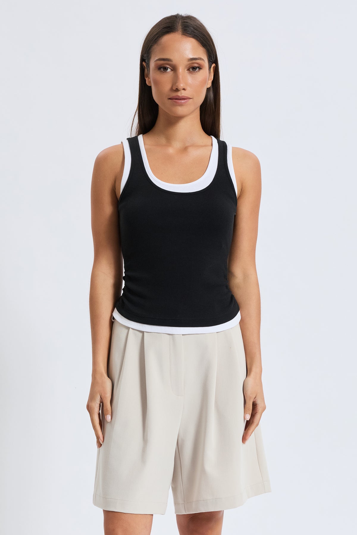 Vicki Layered-Look Ribbed Tank - Black / White