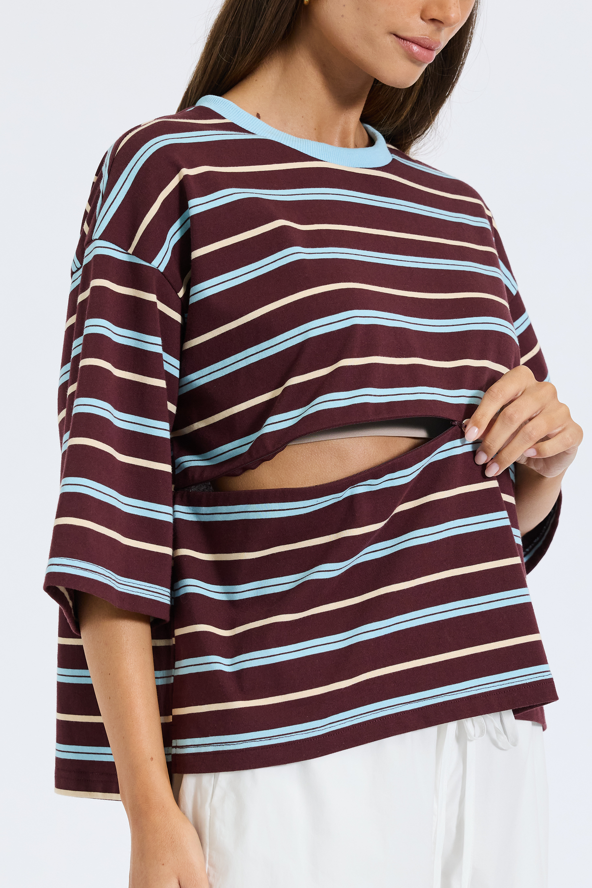 Brooklyn Stripe Slouch Panel Tee - Burgundy / Blue
