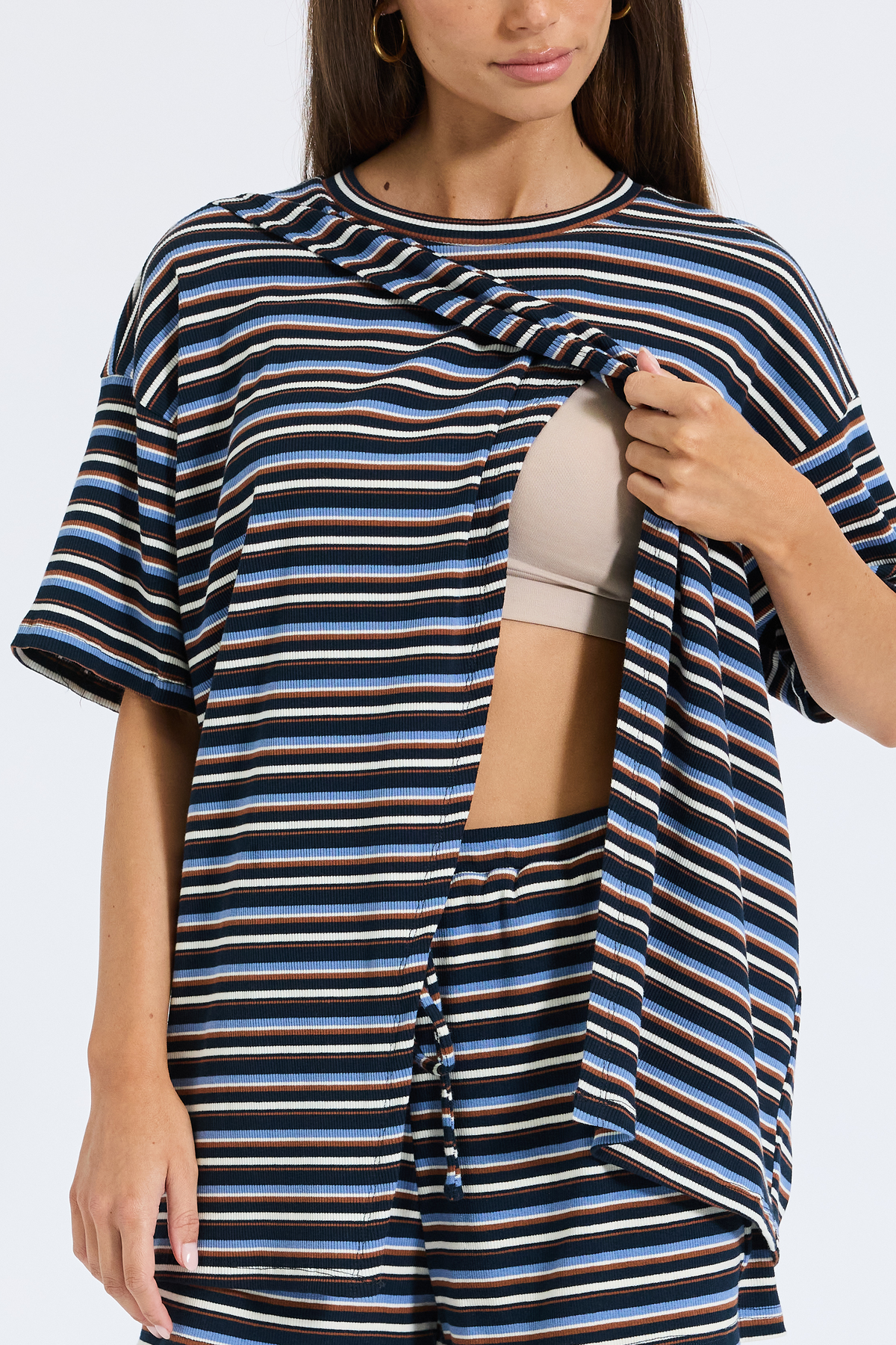 Ivy Stripe Longline Wrap Tee - Navy / Tan / White