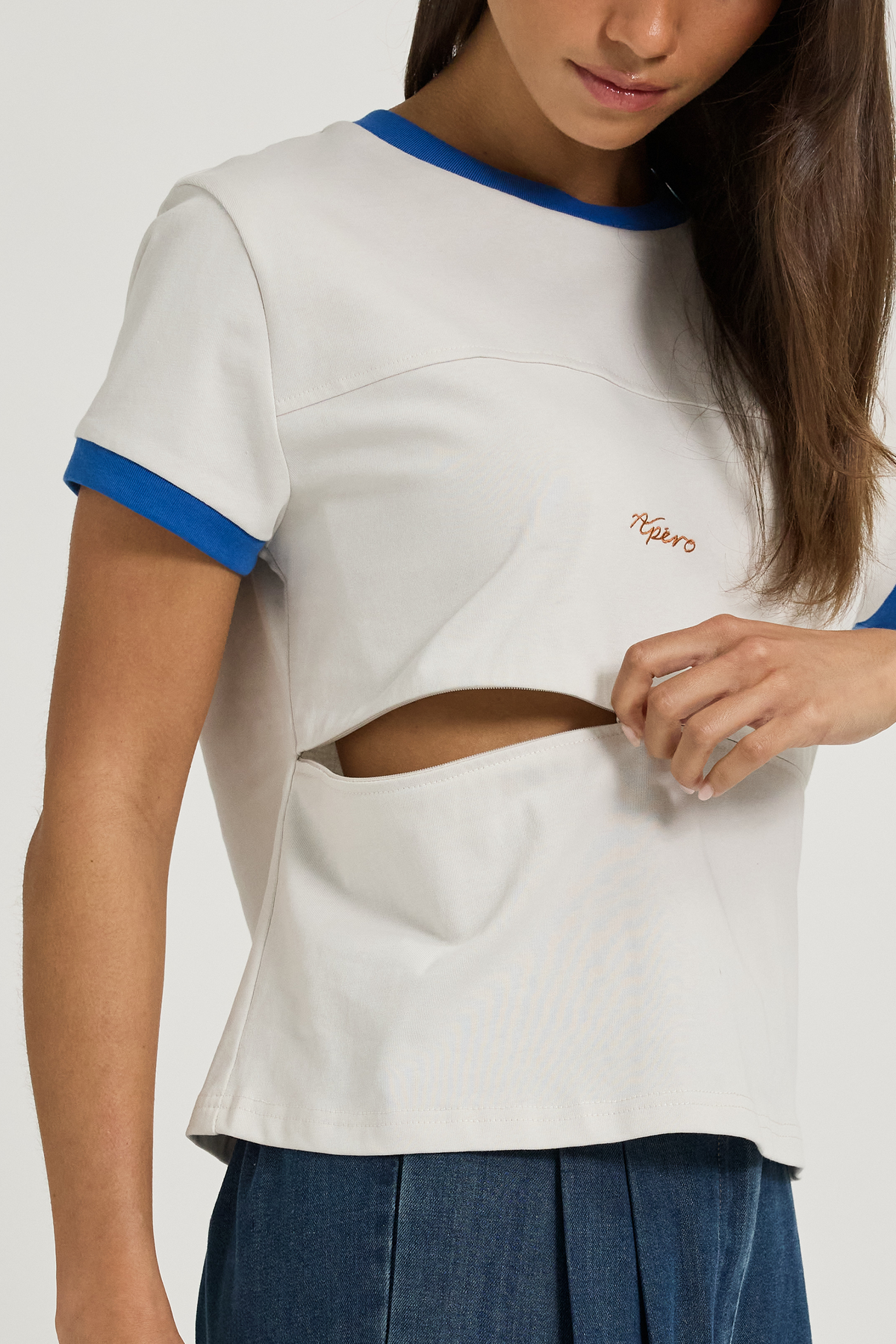 Wren Contrast Baby Tee  - Stone / Cobalt