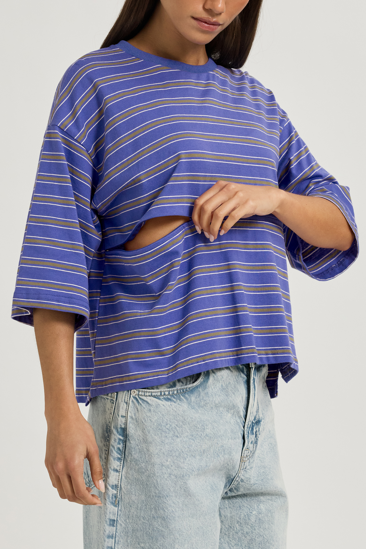 Brooklyn Stripe Slouch Panel Tee - Cobalt / Olive / White