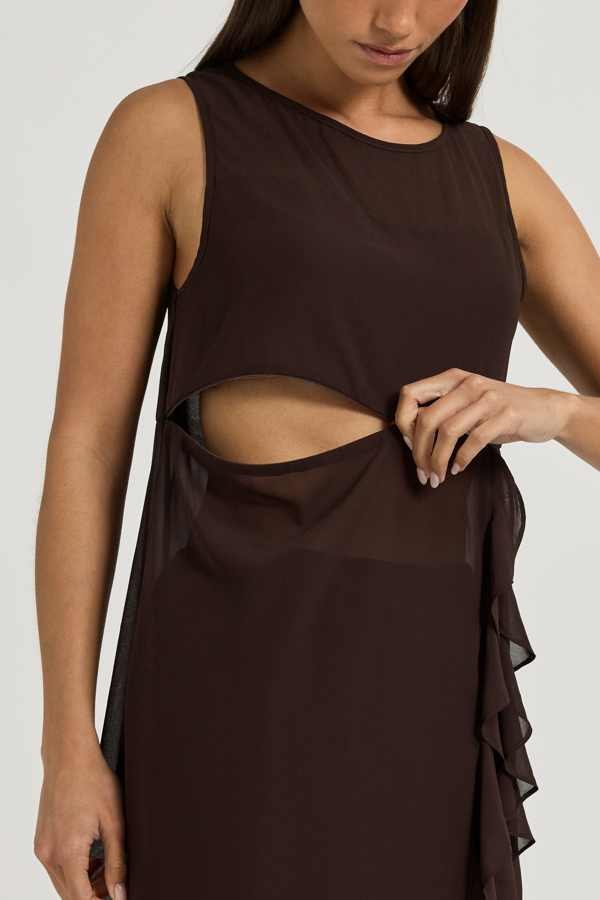 Zoi Sheer Longline Panel Top - Chocolate