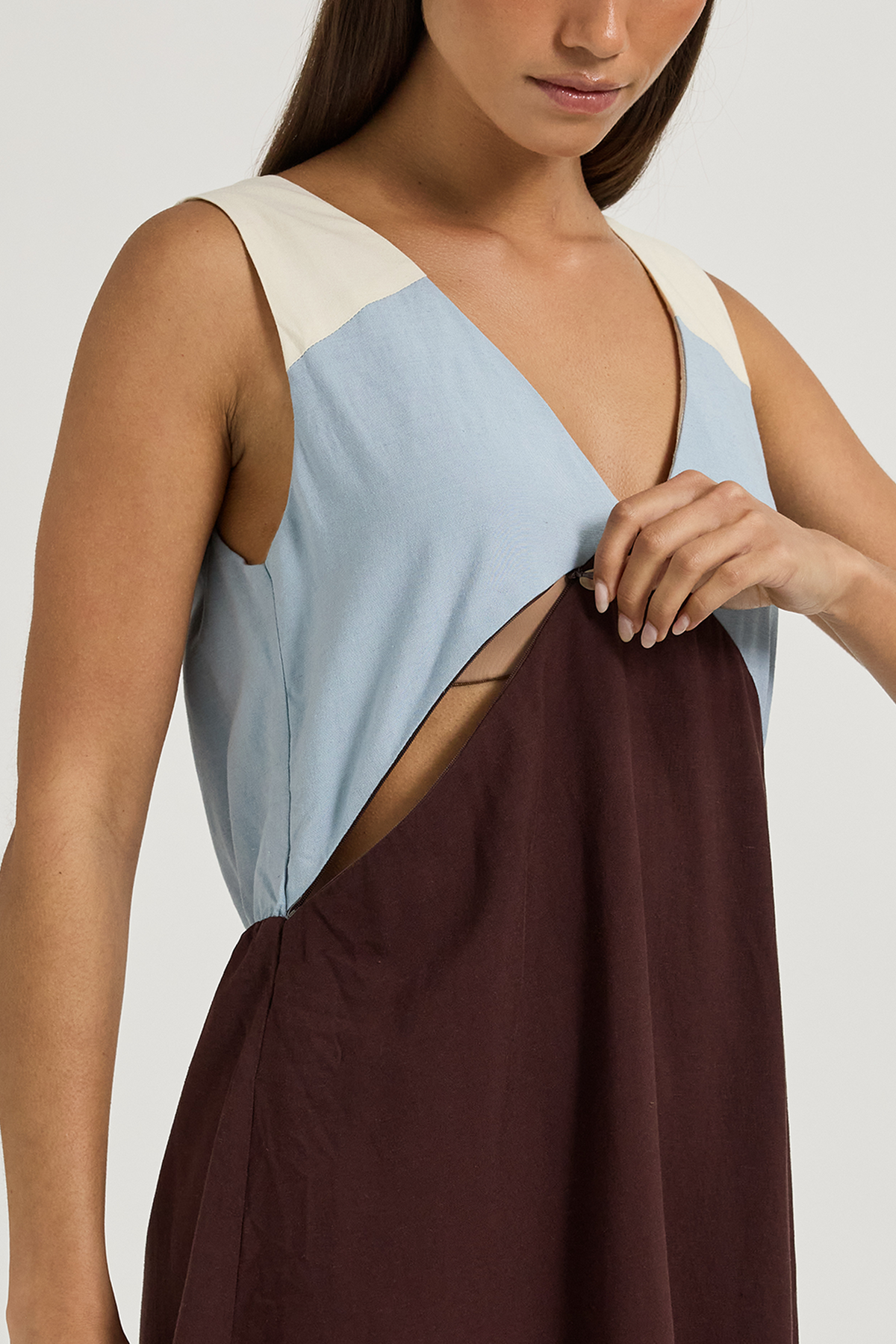 Yumi Panelled Mini Dress - Chocolate / Blue / Cream