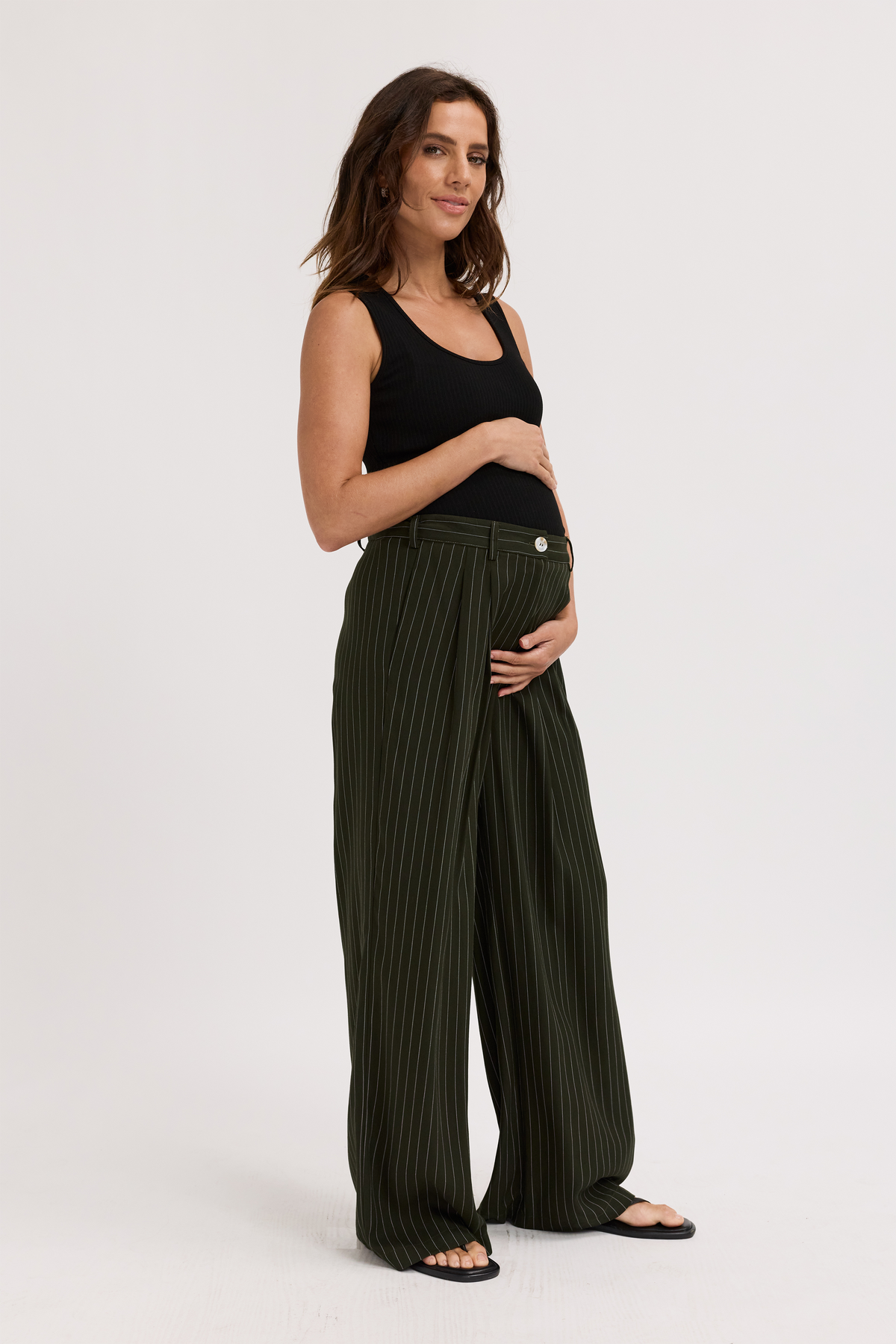 Bambi Pinstripe Adjustable Wide Leg Trouser - Pine Green