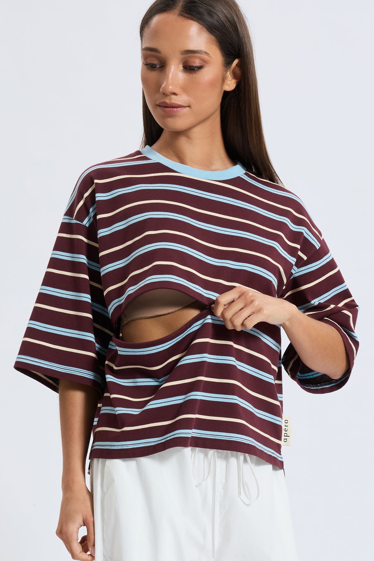 Brooklyn Stripe Slouch Panel Tee - Burgundy / Blue