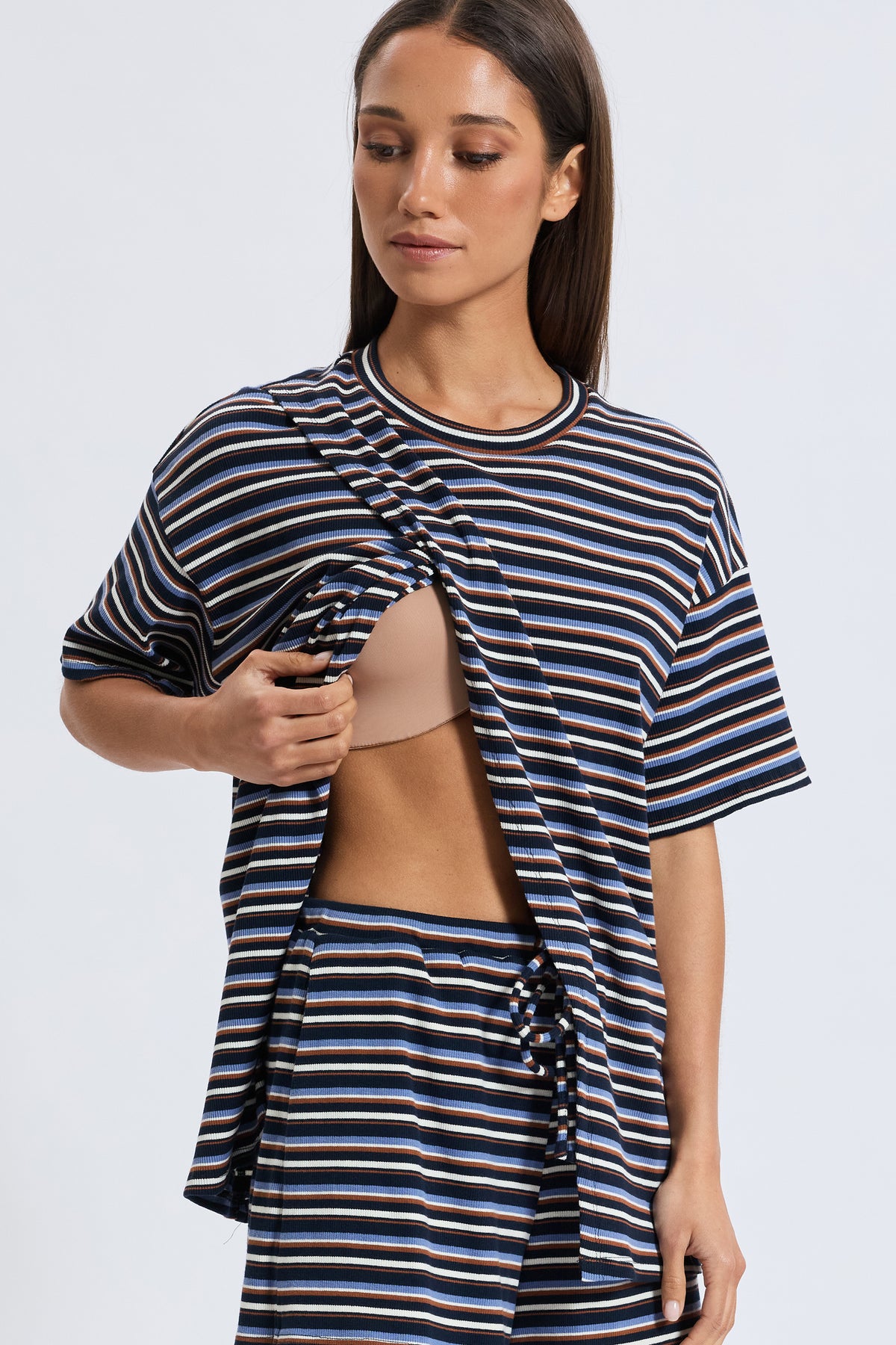 Ivy Stripe Longline Wrap Tee - Navy / Tan / White