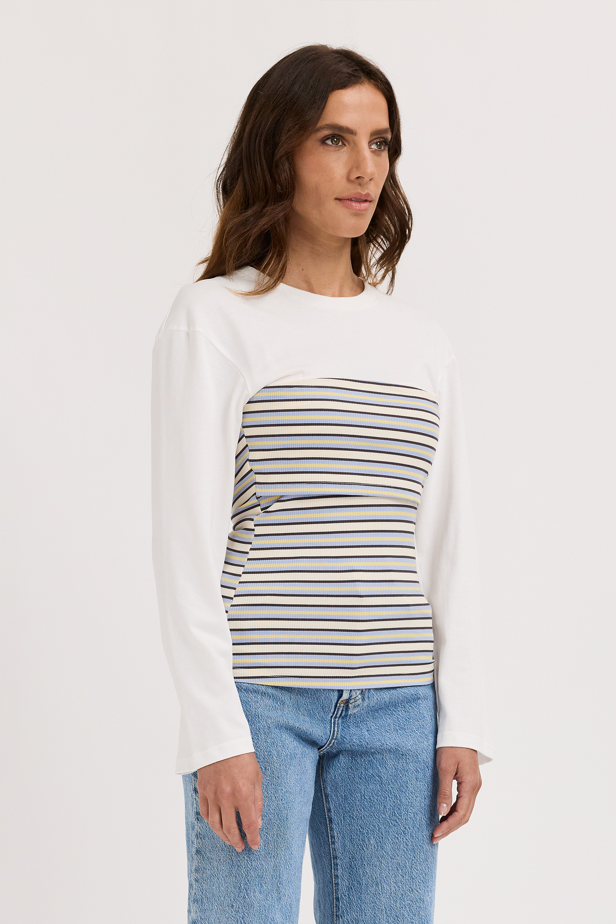 Jo Ribbed Bodice Long Sleeve Top - White / Multi Stripe