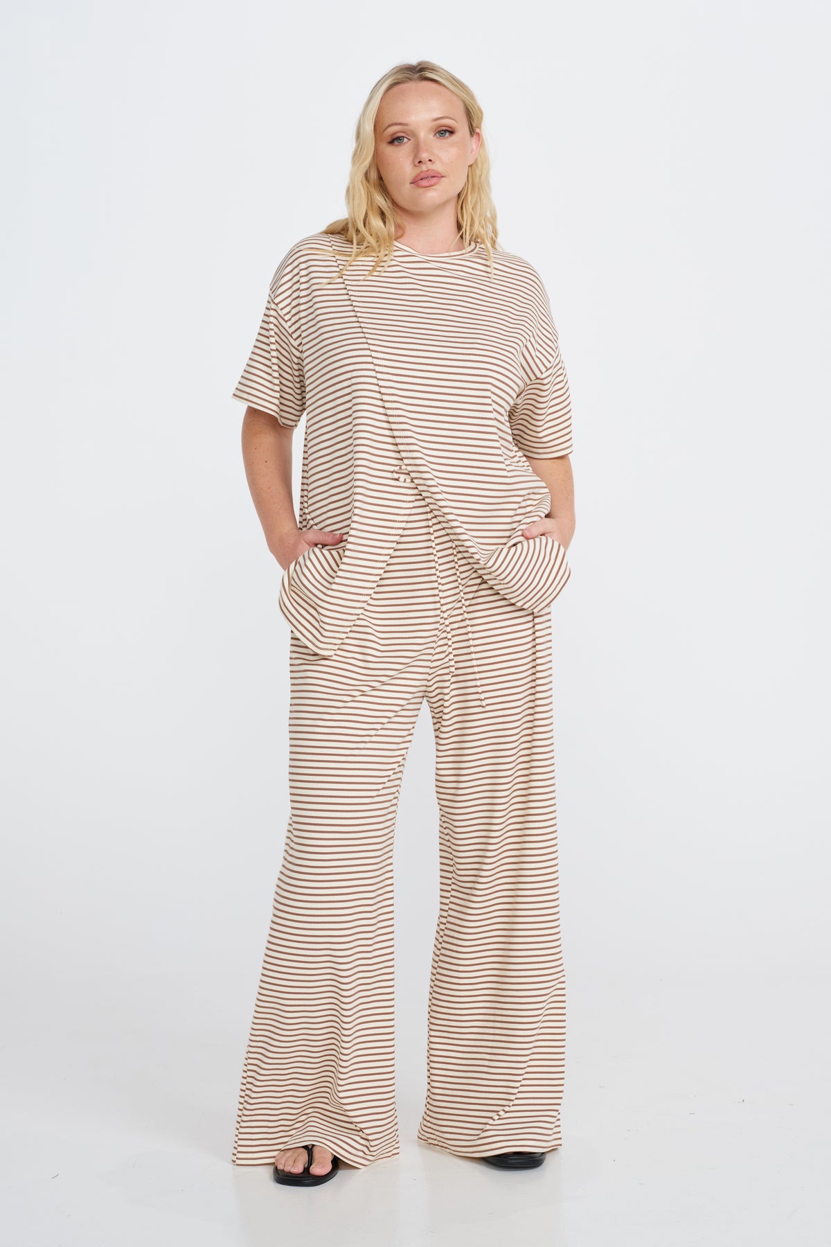 Ivy Stripe Longline Wrap Tee - Cream / Tan