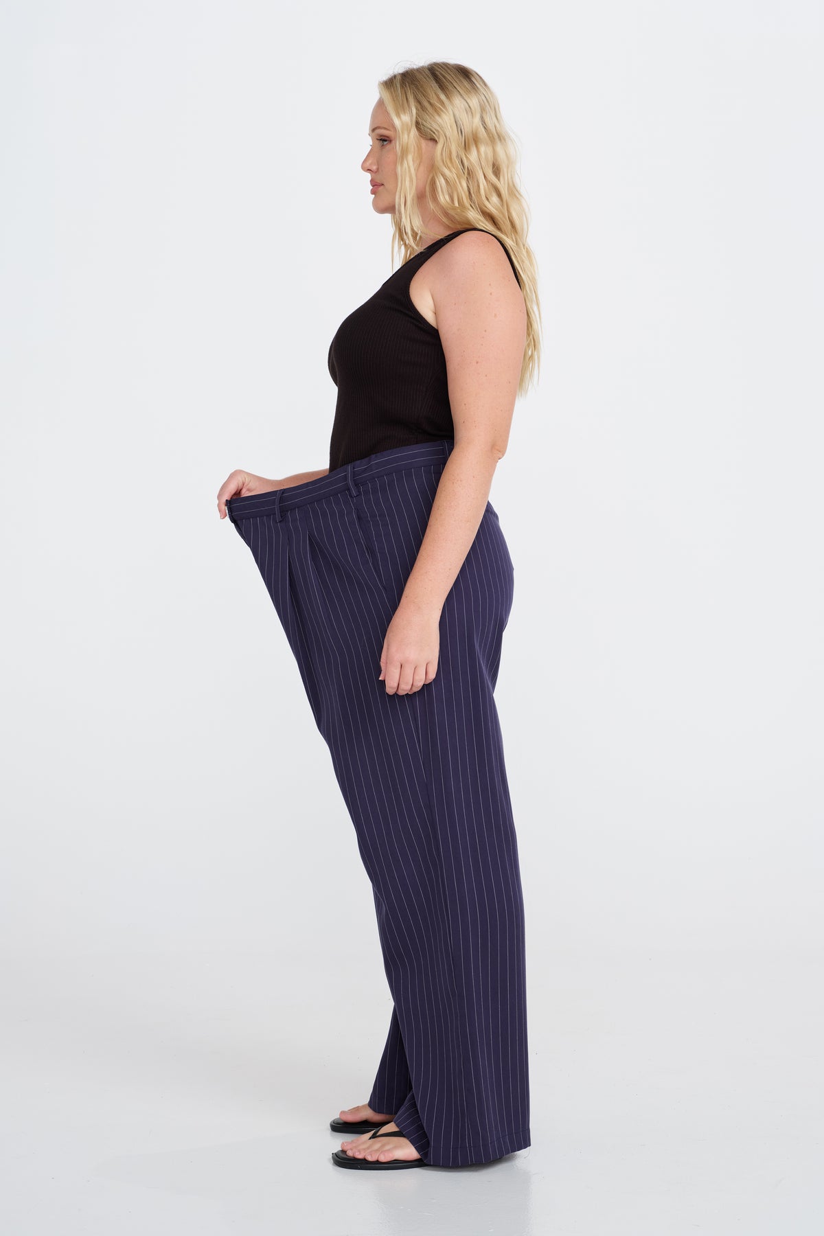 Bambi Pinstripe Adjustable Wide Leg Pant  - Navy / White