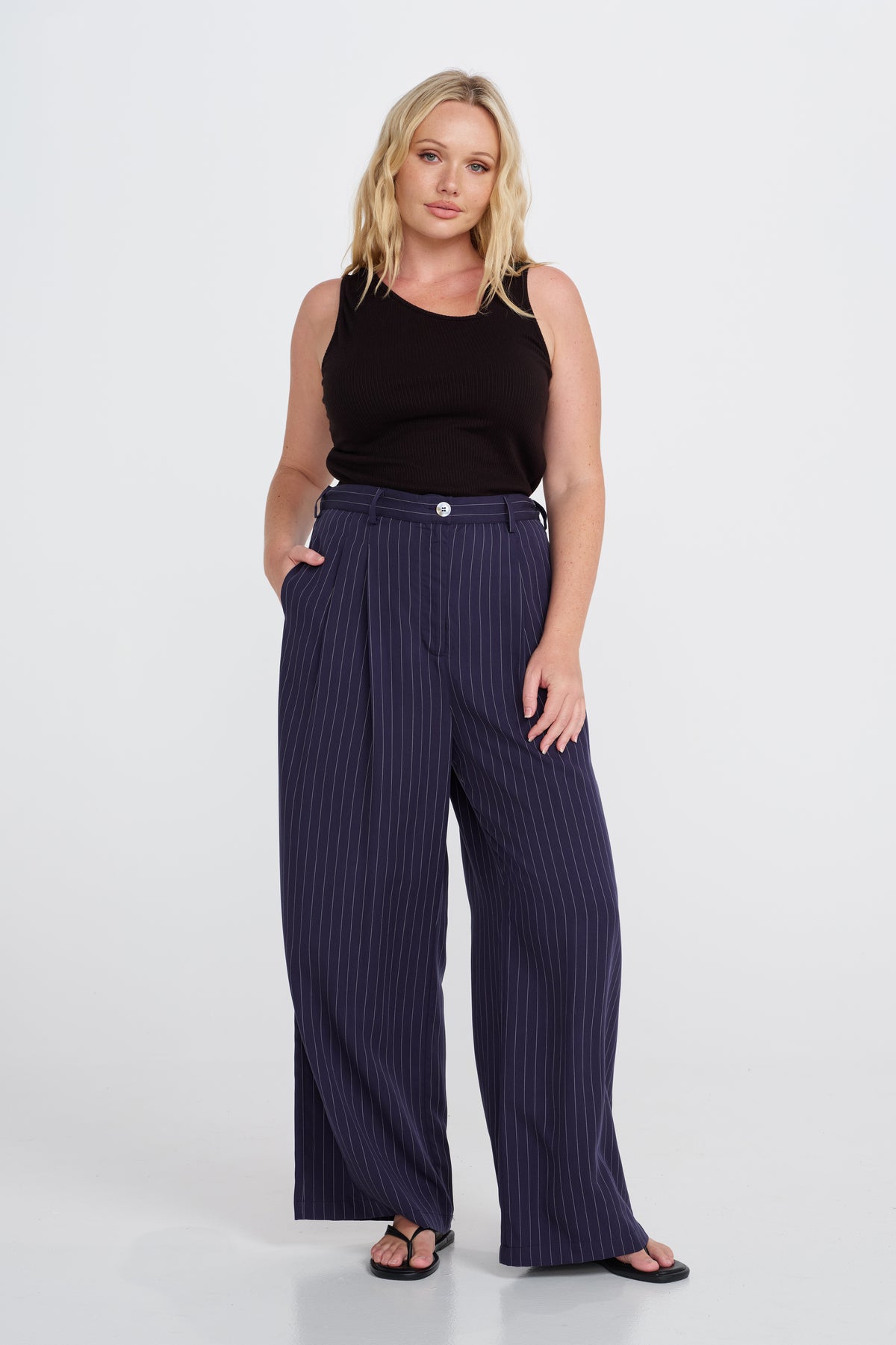Bambi Pinstripe Adjustable Wide Leg Pant  - Navy / White