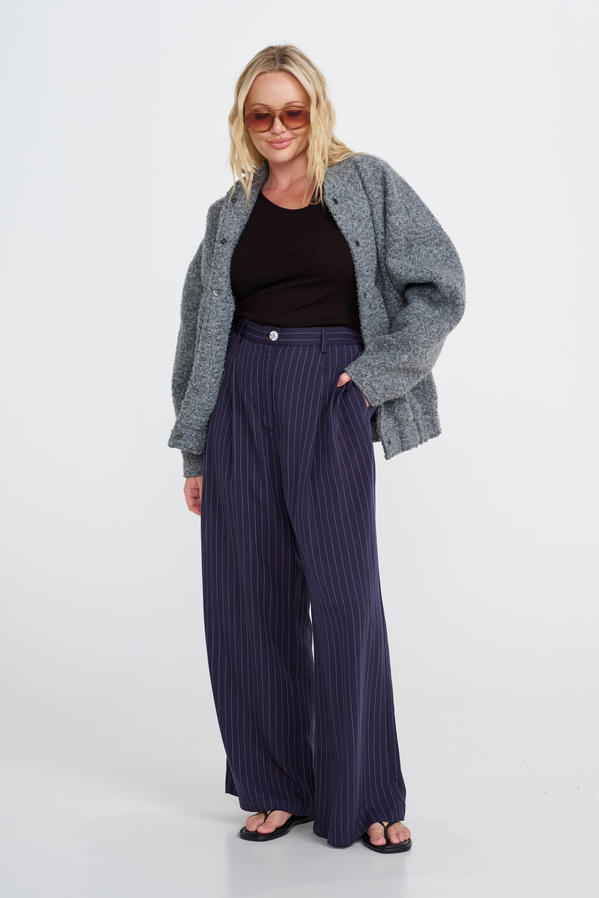 Bambi Pinstripe Adjustable Wide Leg Pant  - Navy / White