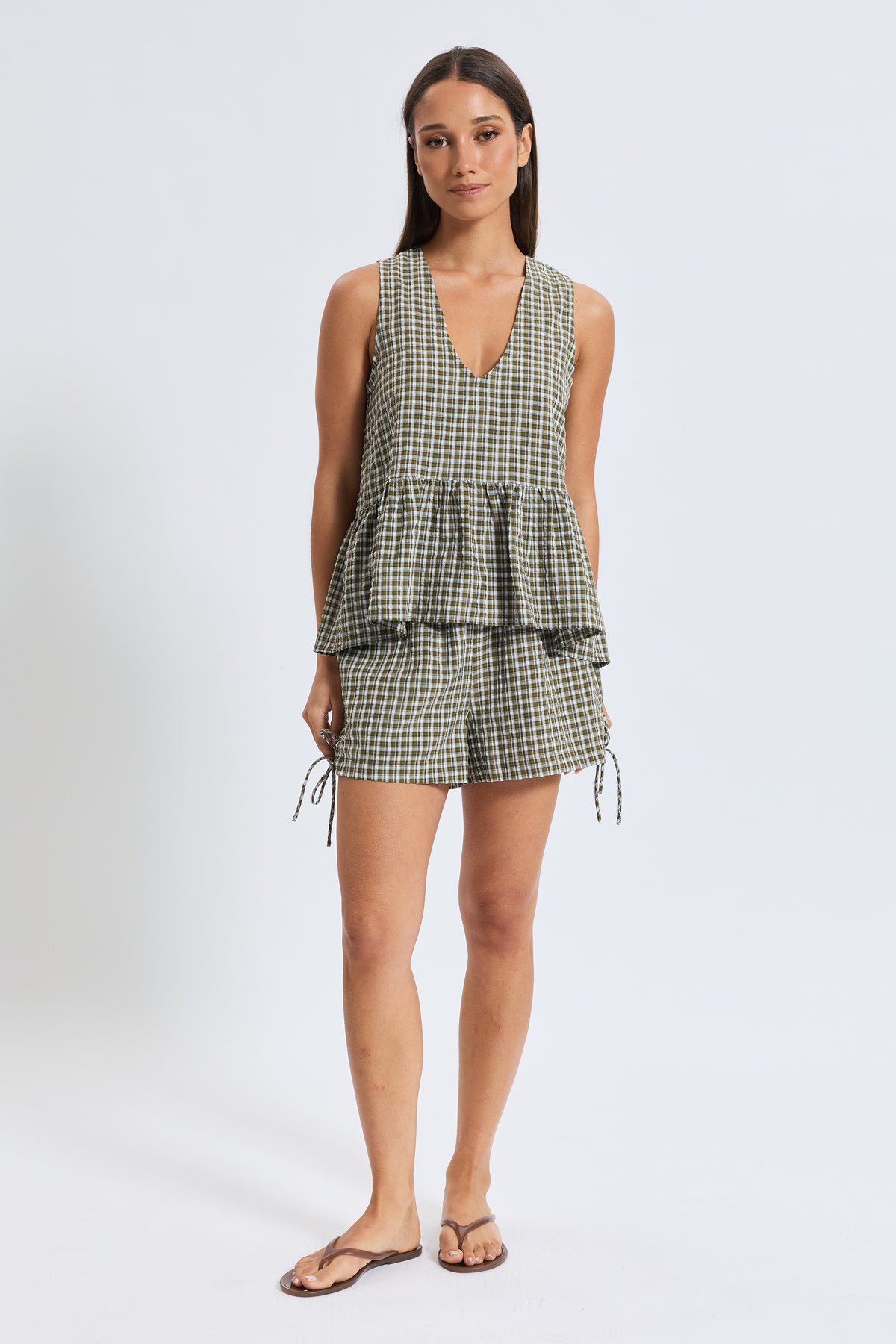 Kinsley Plaid Frill Top - Olive / White / Blue