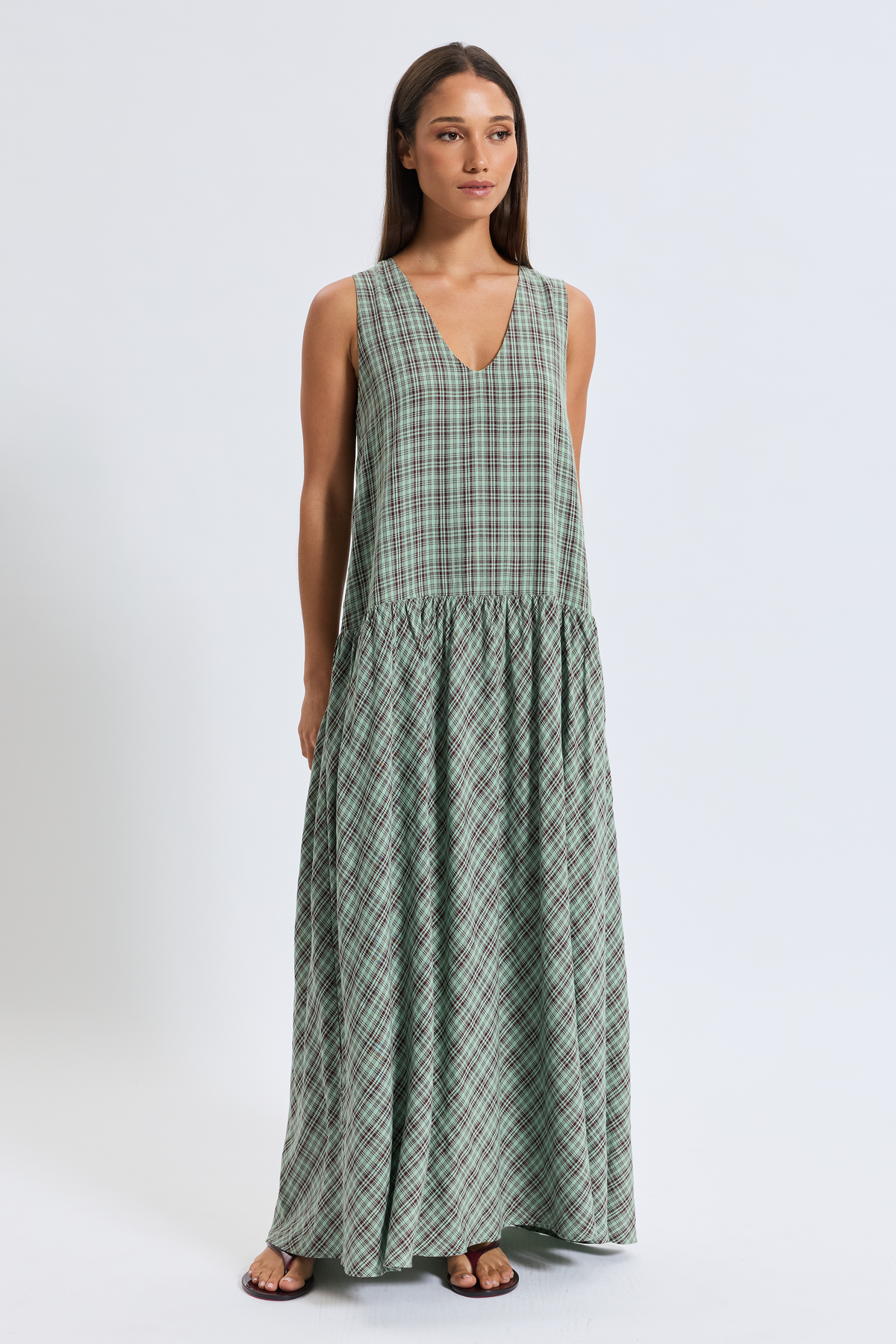 Layla Plaid Maxi Dress - Mint / Burgundy