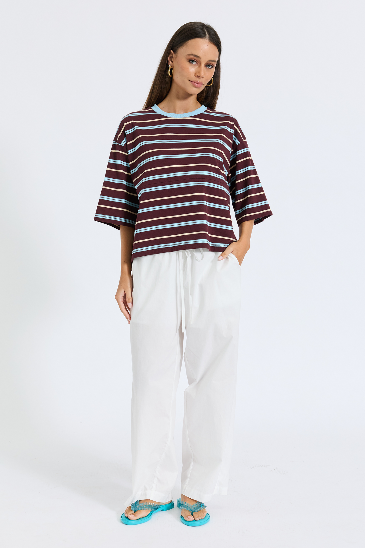 Brooklyn Stripe Slouch Panel Tee - Burgundy / Blue