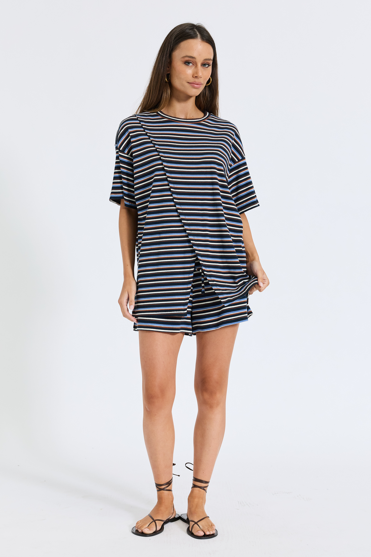 Ivy Stripe Longline Wrap Tee - Navy / Tan / White