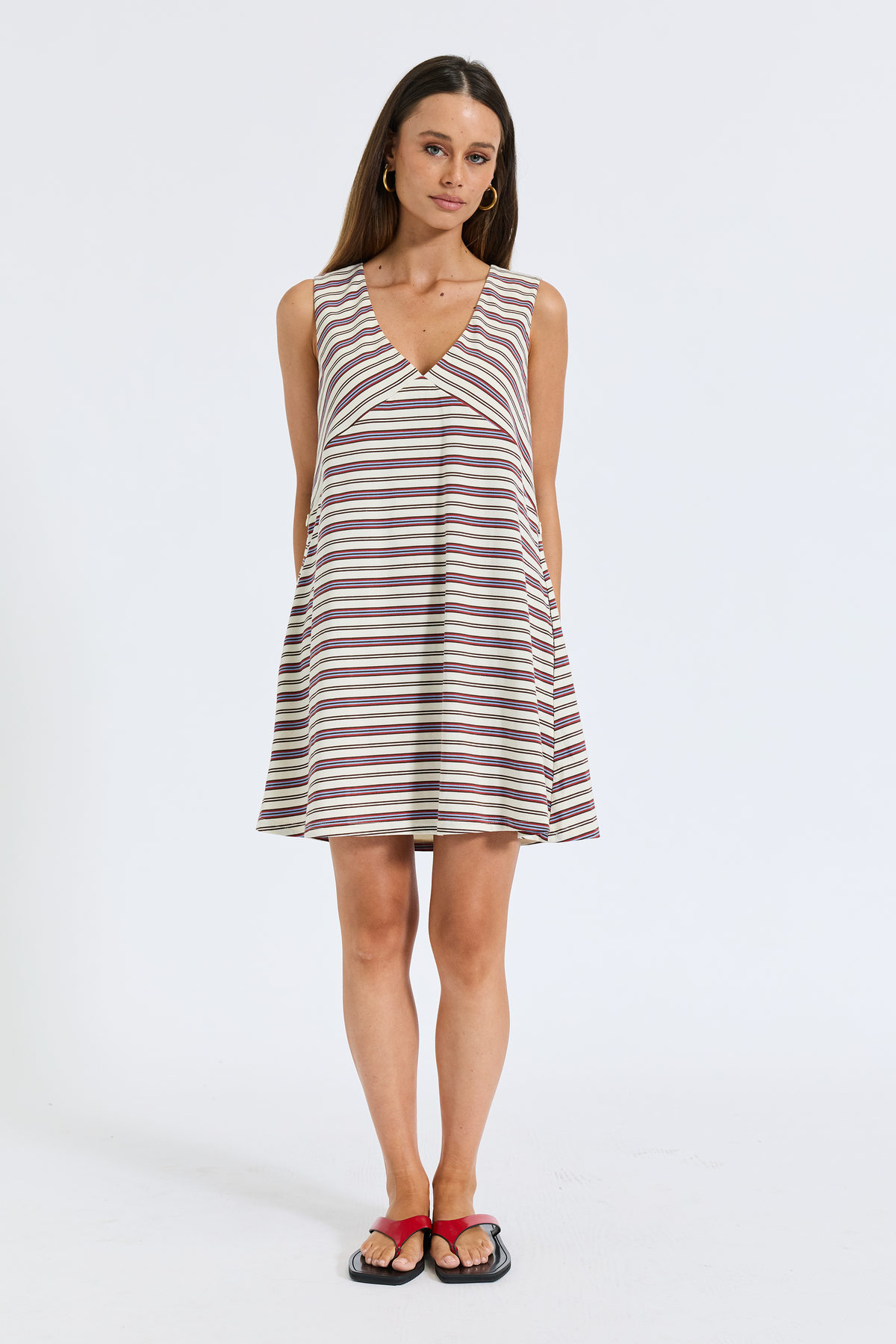 Poppy Stripe Jersey Dress - Cream / Chocolate / Red