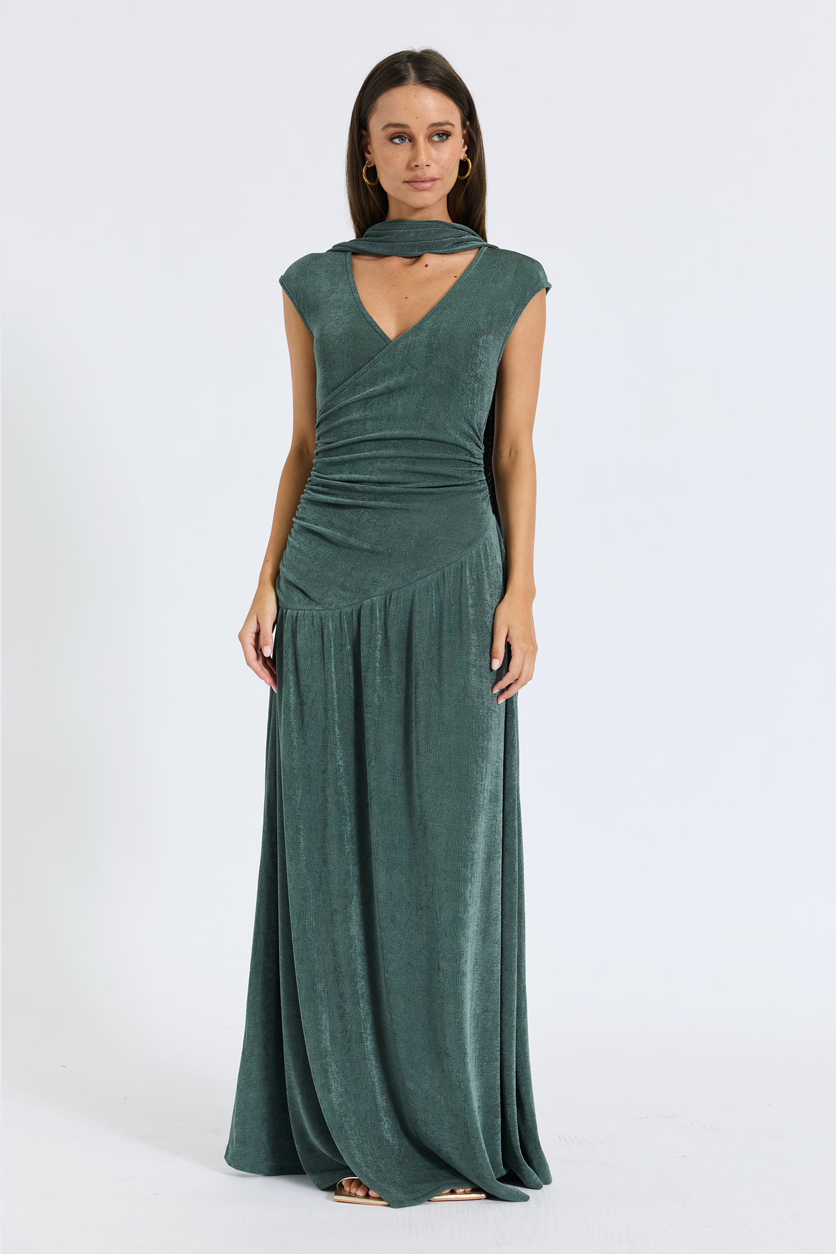 Lainey Crossover Ruched Dress - Moss Green
