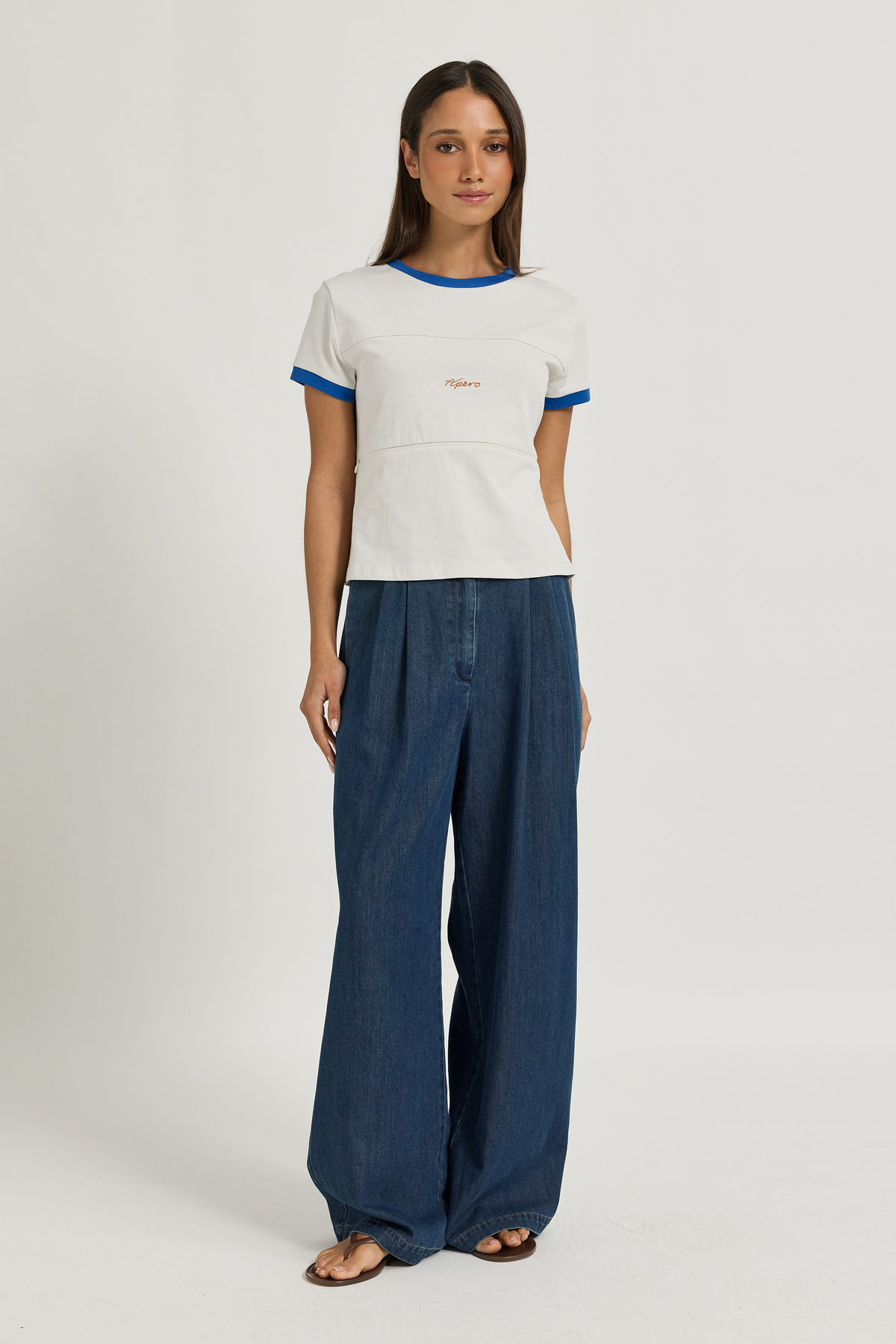 Wren Contrast Baby Tee  - Stone / Cobalt