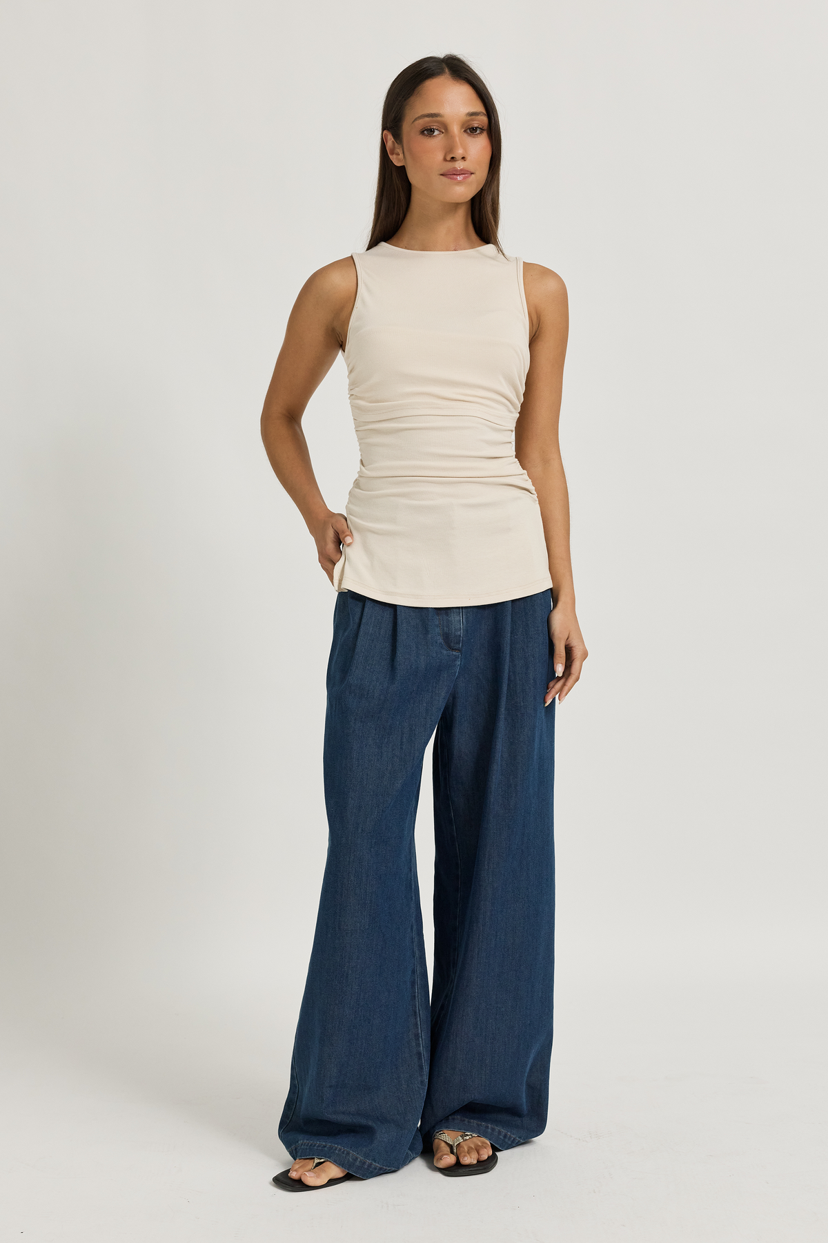 Ari Ribbed Ruched Tank - Oatmeal