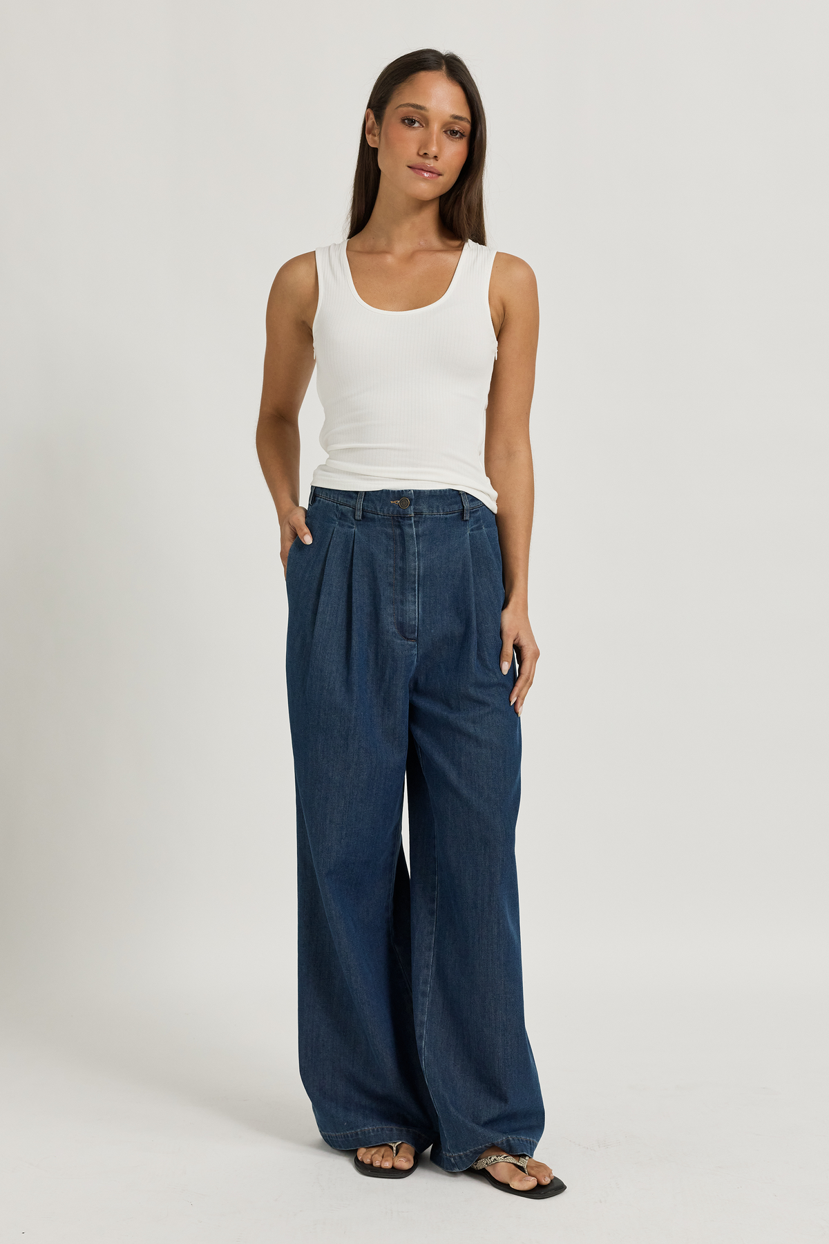 Cara Adjustable-Waist Wide-Leg Jean - Deep Blue