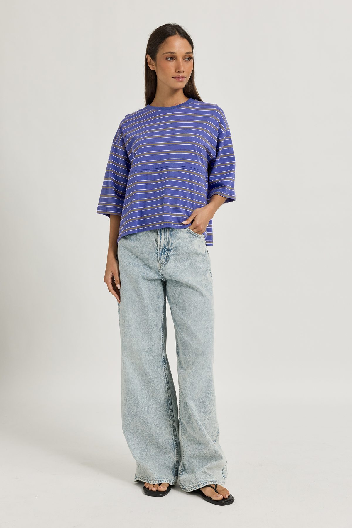 Brooklyn Stripe Slouch Panel Tee - Cobalt / Olive / White