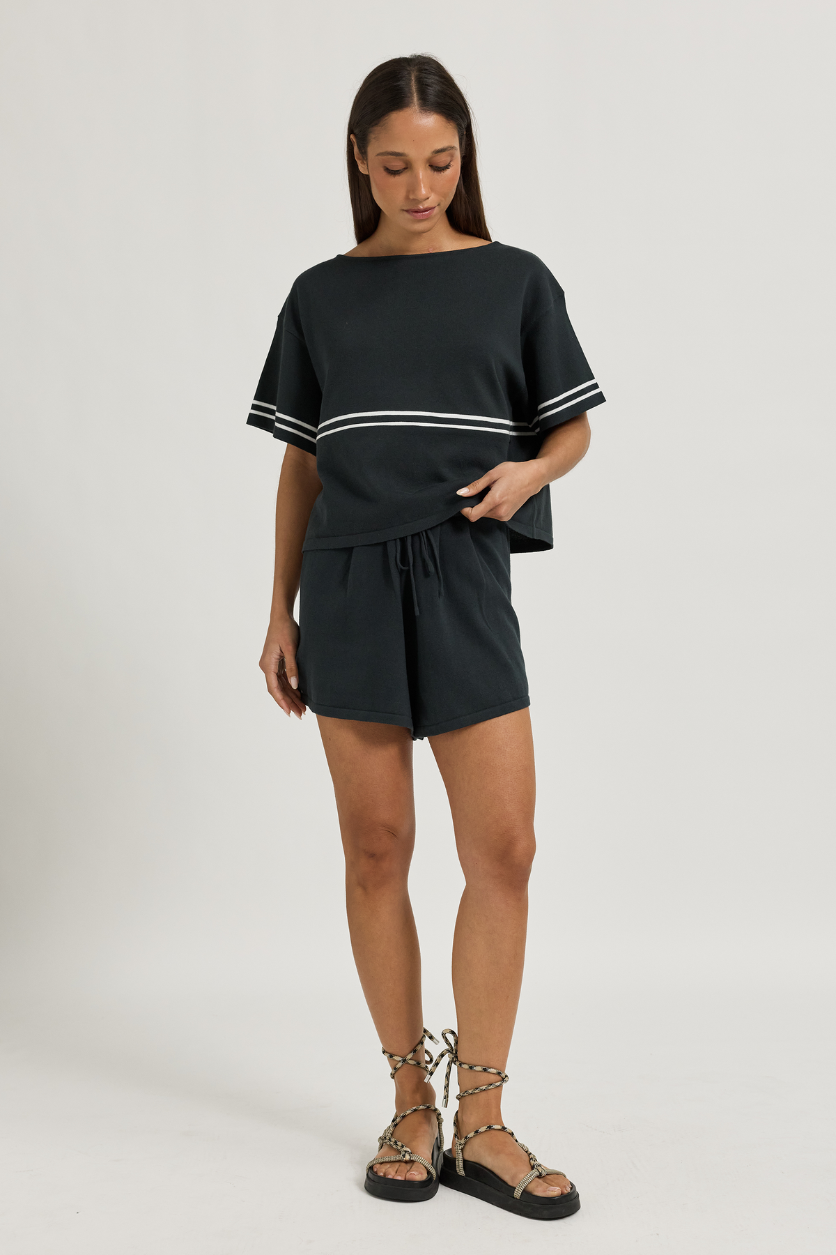 Axel Cotton Knit Boat Neck Tee - Forest Green / White