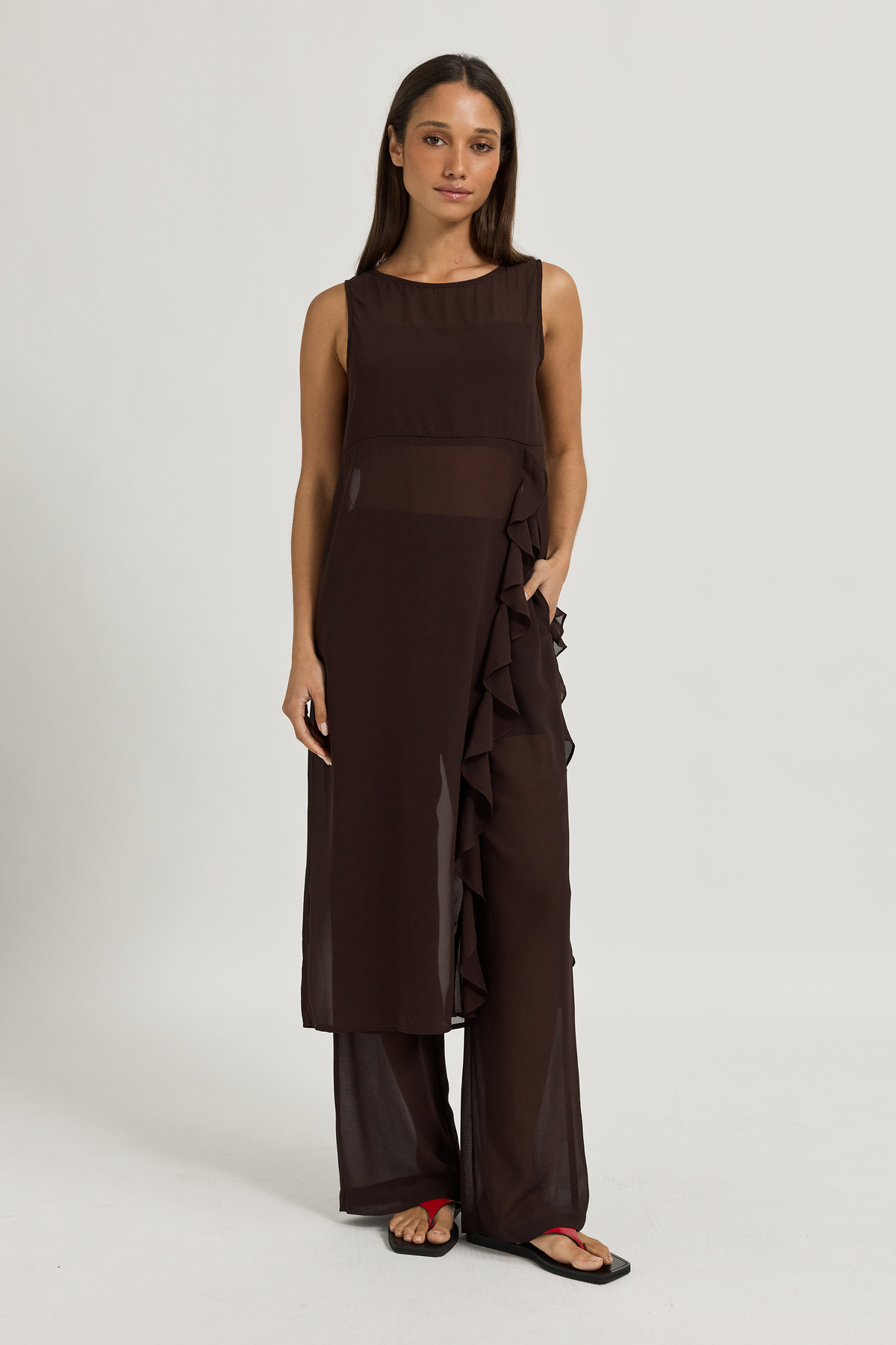 Zoi Sheer Longline Panel Top - Chocolate