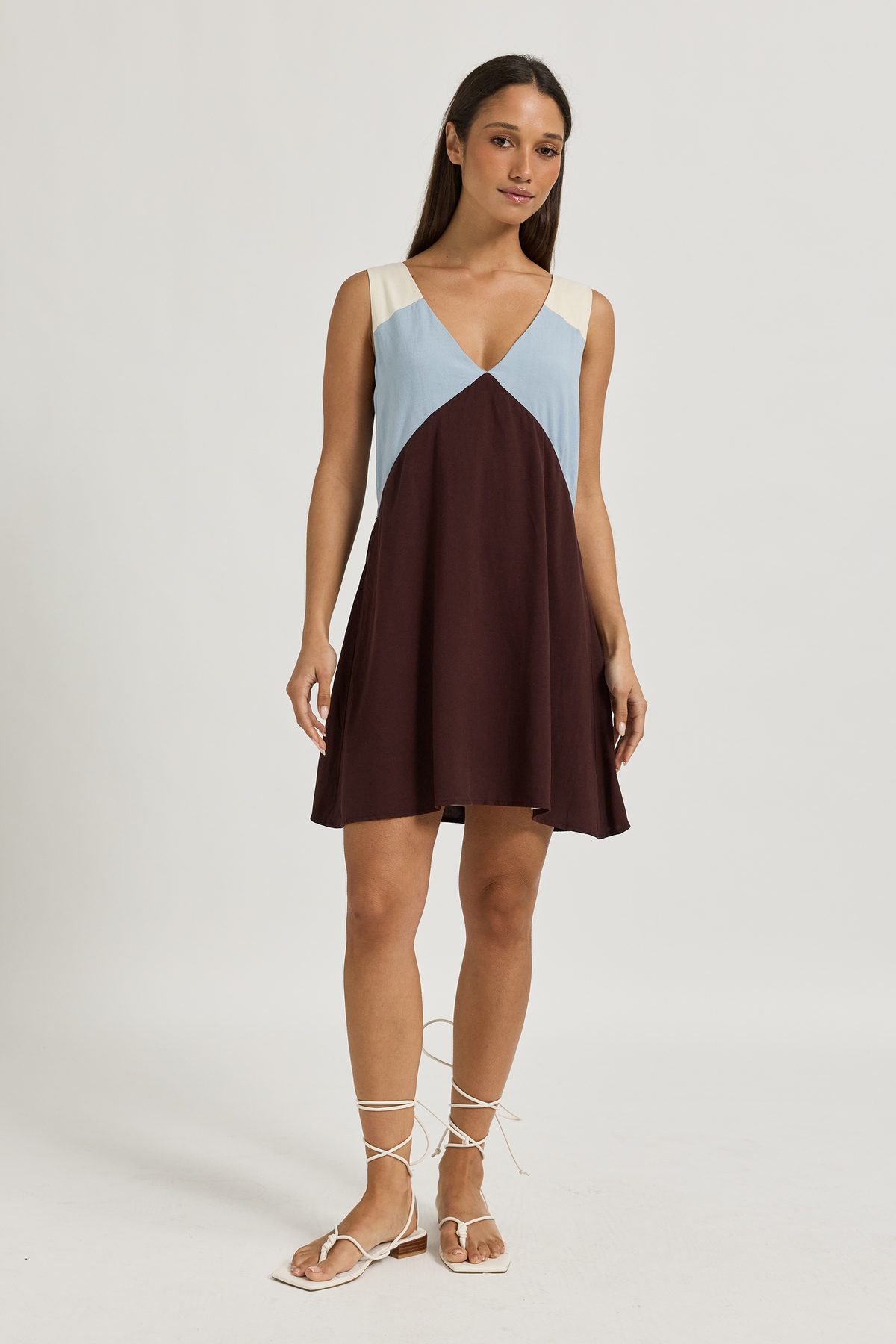 Yumi Panelled Mini Dress - Chocolate / Blue / Cream
